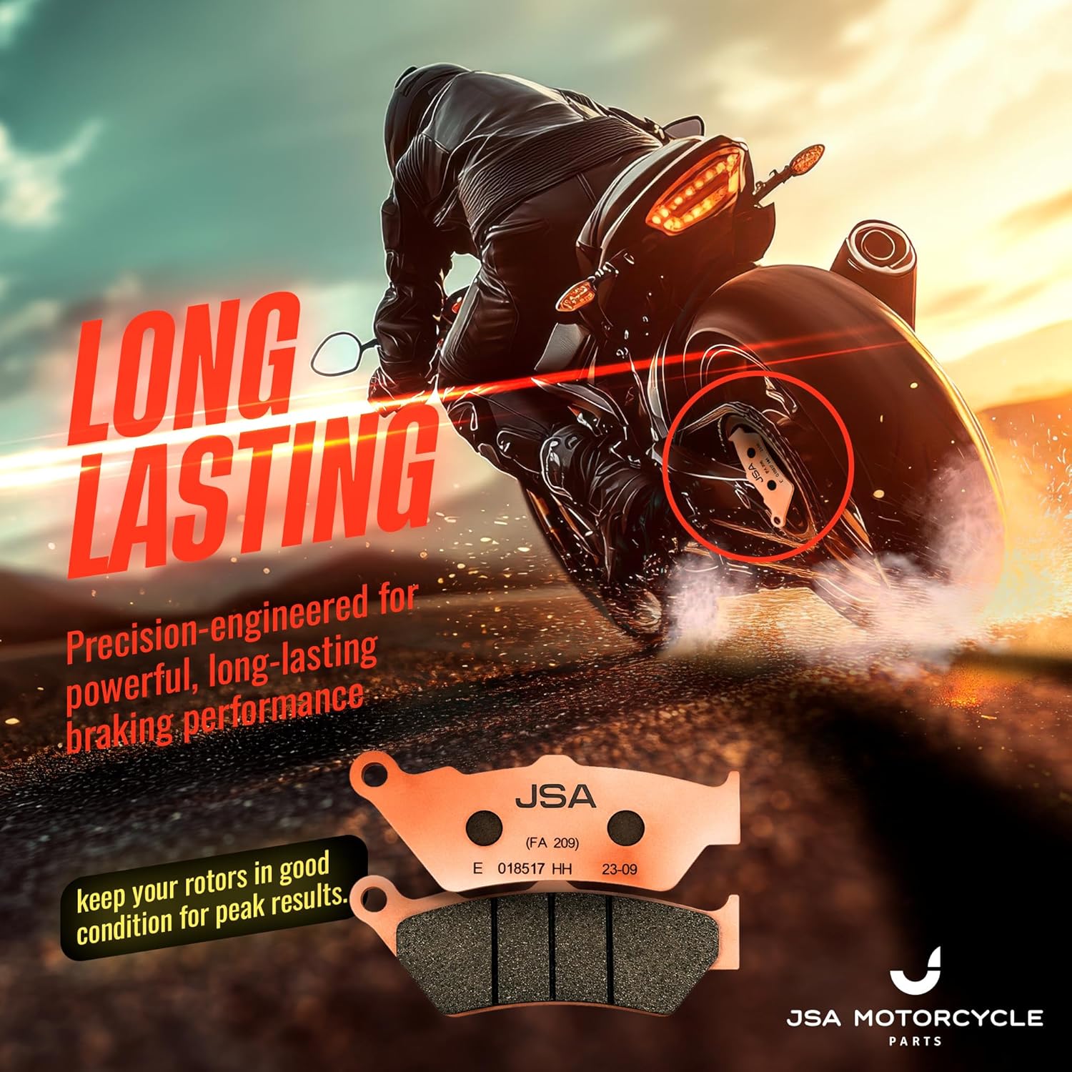 JSA Brakes 209 HH Rear Brake Pads for BMW R1250GS Adventure, R1200GS, Ducati Diavel, Harley Street 750, KTM & Triumph – Resin-Based HH Compound with Copper Backing Plate