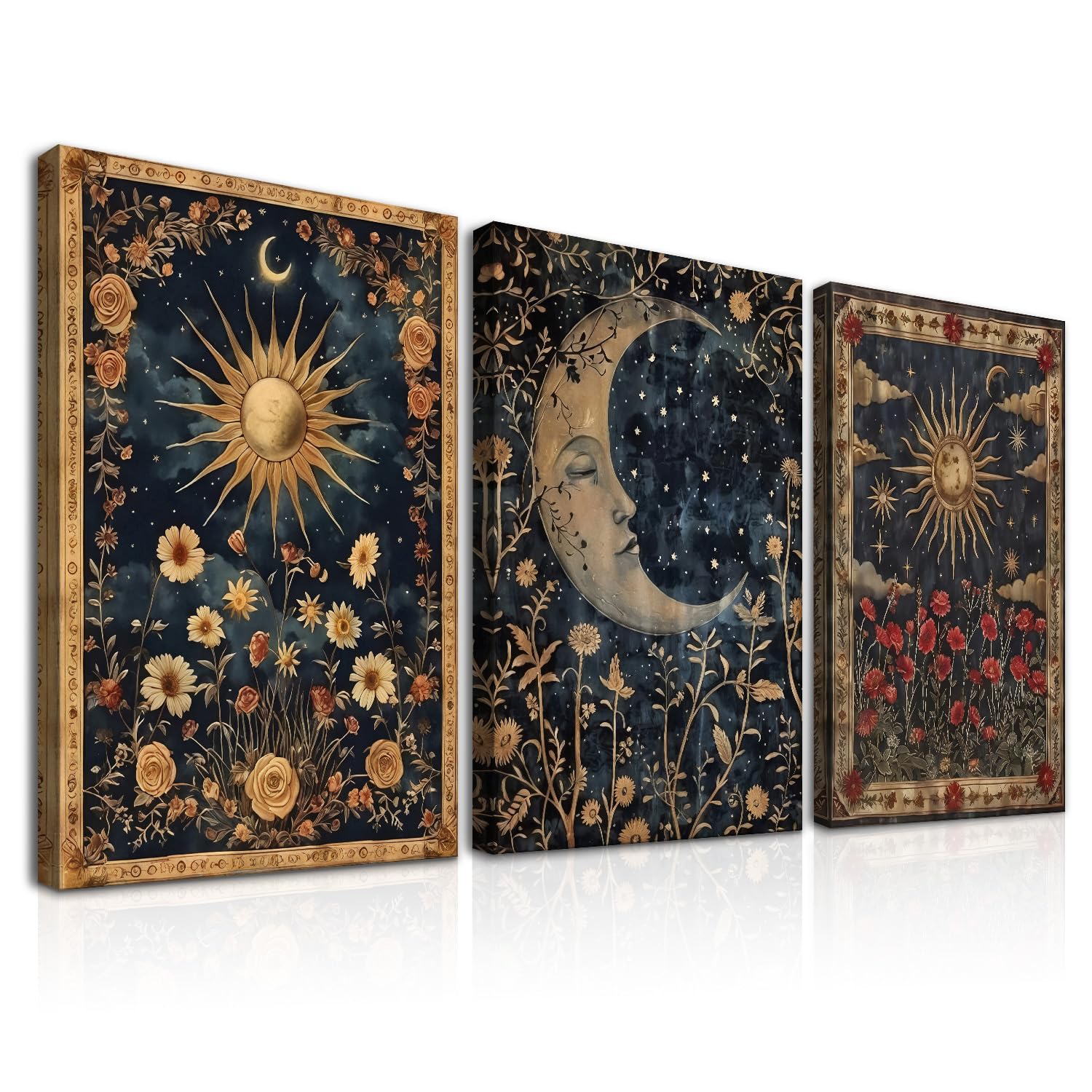 Dazzlewall 3er Set Vintage Boho Gothic Wandkunst, Sonne & Mond Tarotkarten Blüten Geheimnisvolle Okkulte Wandbilder für Schlafzimmer Wohnzimmer Mit Rahmen 30x40 cm