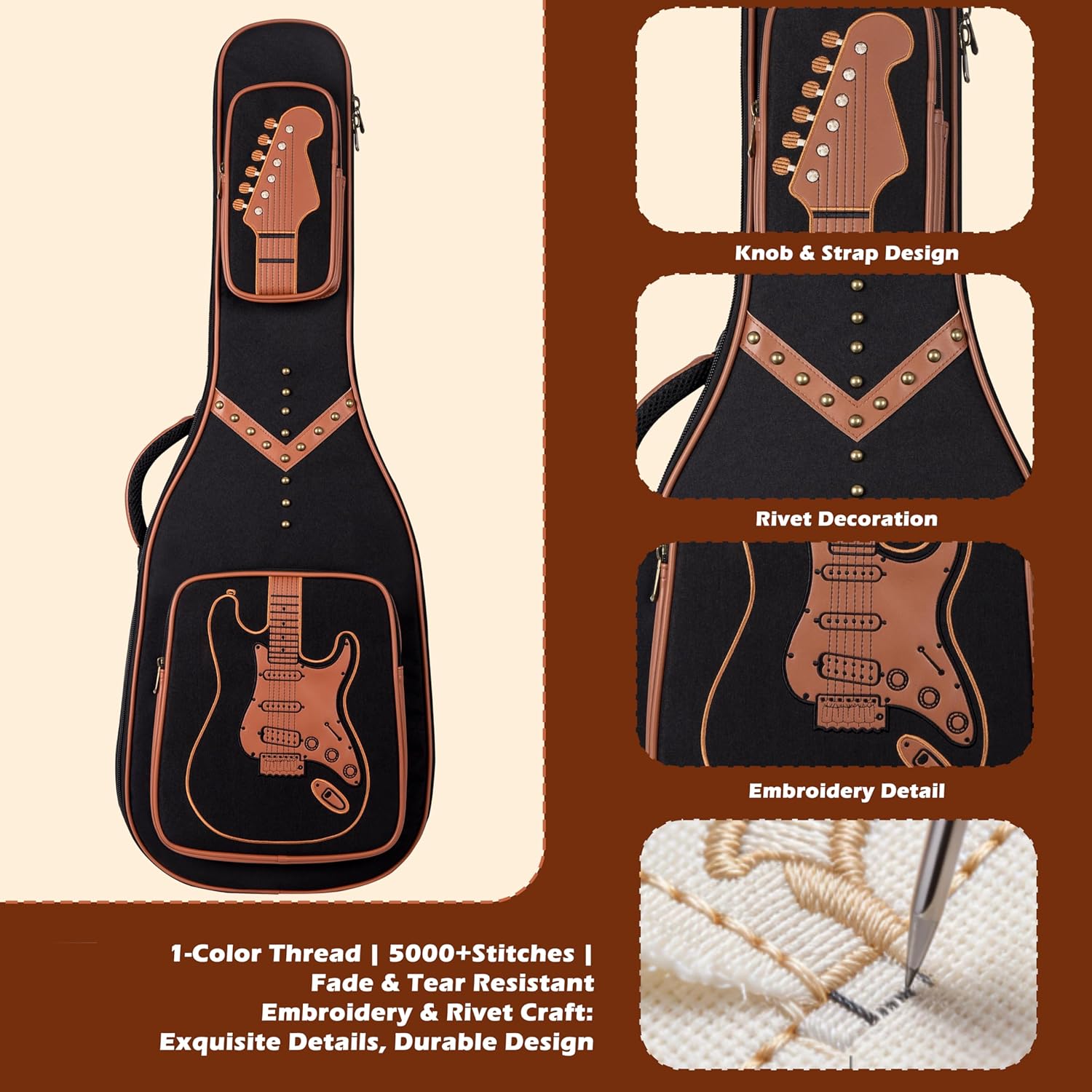 39/40" Electric Guitar Gig Bag, 0.5 Inch Extra Thick Padding, Waterproof PU Leather, Soft Guitar Backpack Case with 2 Storage Pockets & Neck Fixed Strap,Punk Style with Embroidery&Rivet Studde