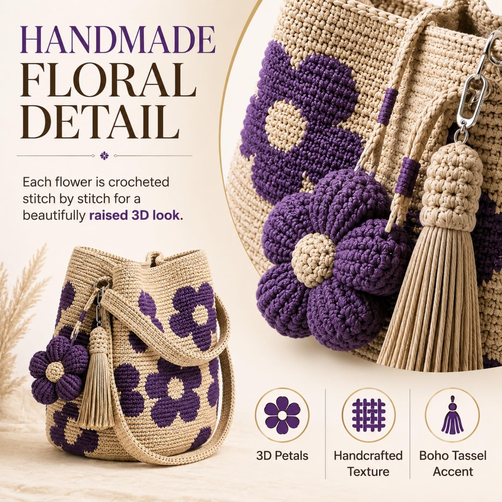 Handmade Crochet Flower Tote Bag, Boho Knit Floral Purse Bag Gifts, 2026 Summer Crochet Purses for Women Vacation