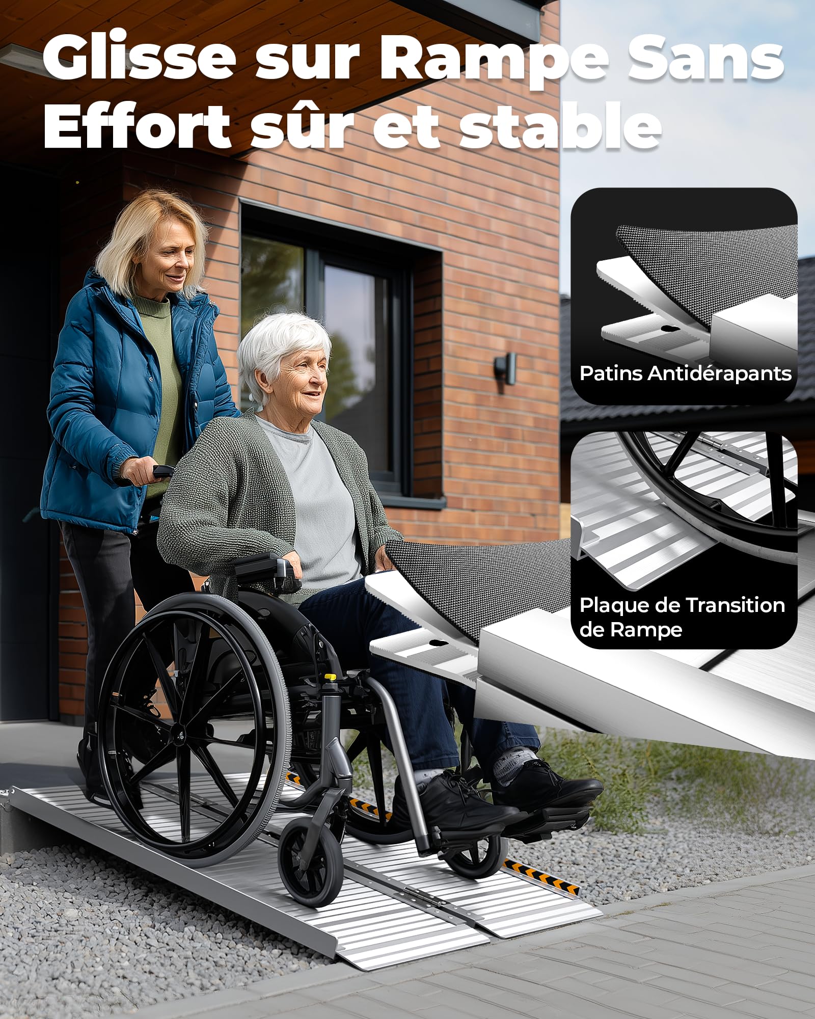 FACHNUO 61CM Rampe pour Fauteuil Roulant Pliable 61CM Rampe de Seuil, Capacité 362KG, Extra Large 74CM Antidérapante - Ramp Aluminium Portable pour Escaliers, Marches, Portes, Entrées