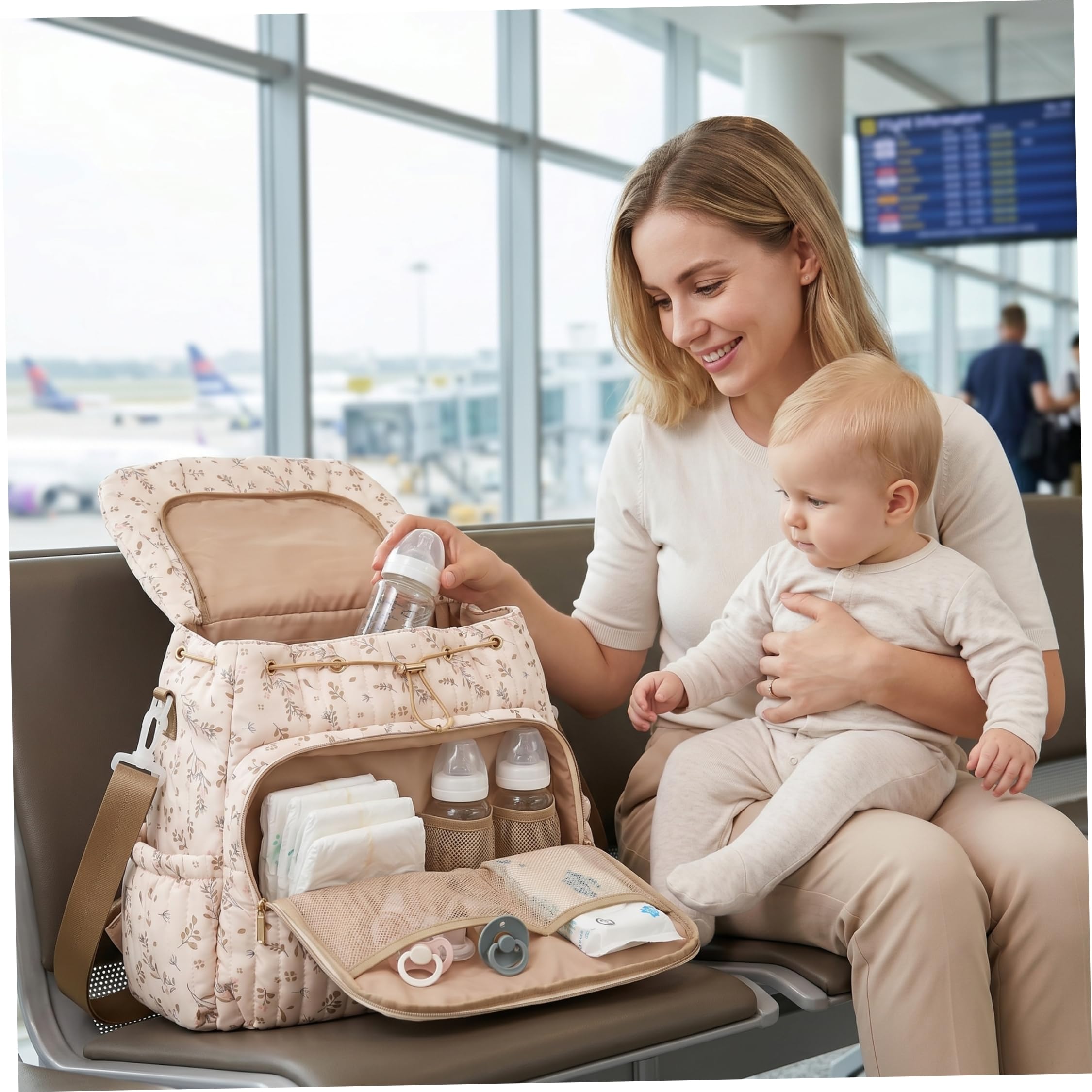 Bolsa de pañales floral, mochila de pañales floral, bolsa de múltiples bolsillos para madres, elegante mochila de viaje y al aire libre para madre (beige)