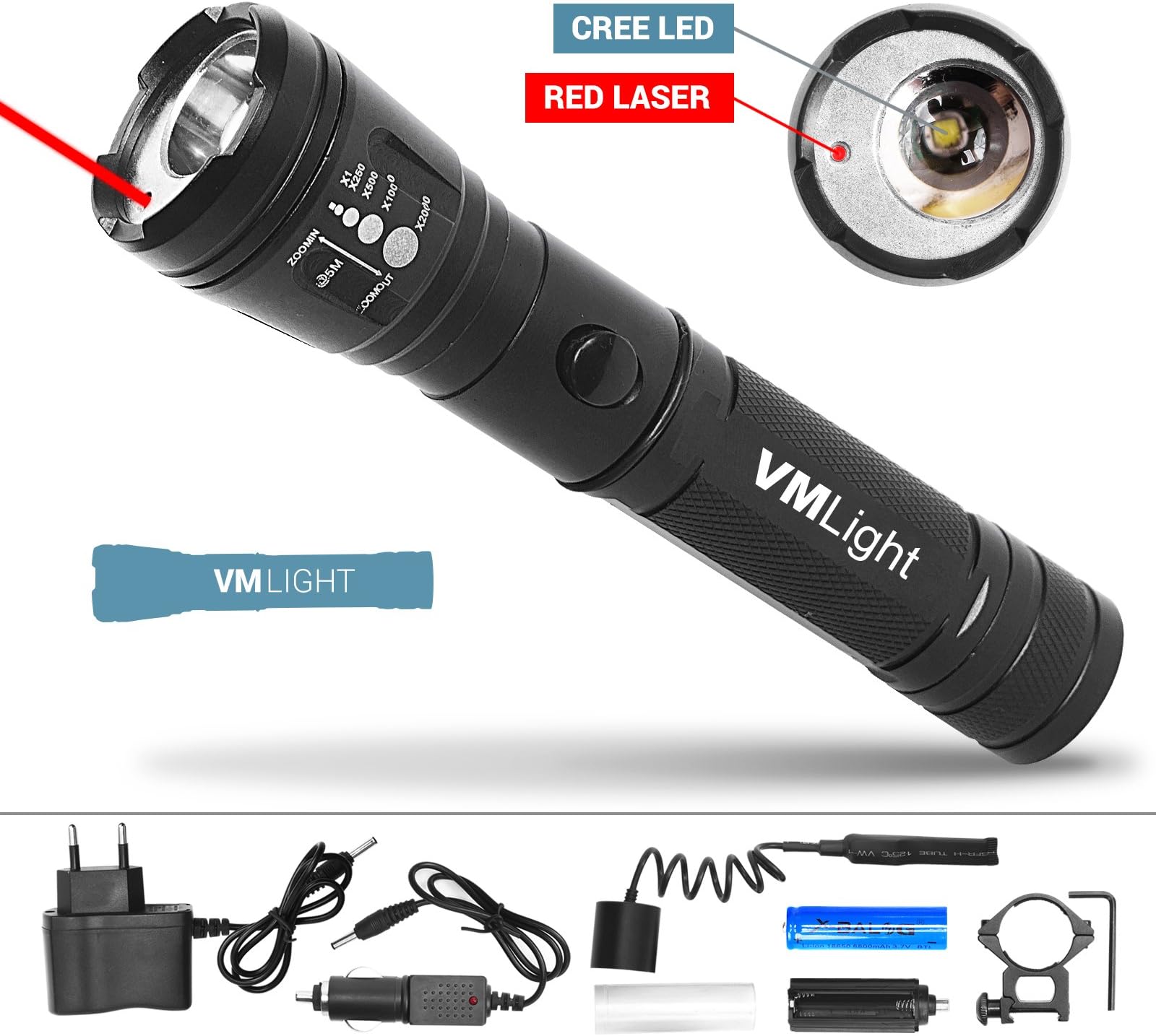 VMLight Tactical Rechargeable Flashlight with Laser for Weapons. Gun Sight Laser. Flashlight with Cree Led Police Battery 8800mAh Magazine for 3AAA Batteries Included Car Charger Mount for Weapons