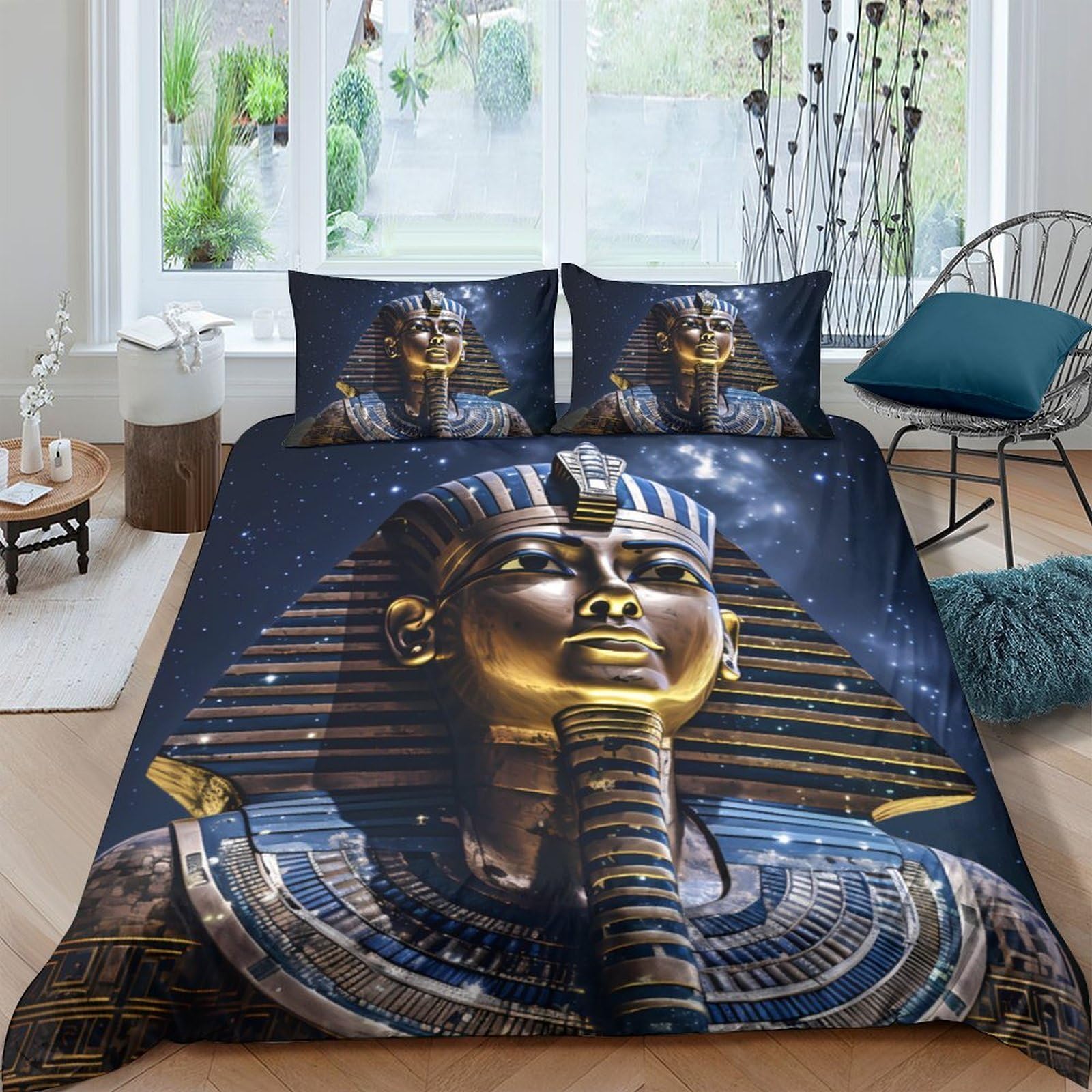 GPLZQXKJNH 3D Printed Pharaoh Gold Mask Duvet Cover Microfiber Soft Breathable Egypt Sphinx Bedding Set with 2 Pillowcases for Bedroom Decor Single（135x200cm）