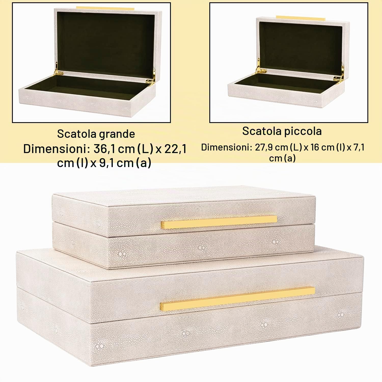 Set di 2 grandi scatole decorative impilabili in similpelle con coperchio, per decorazione domestica moderna, avorio