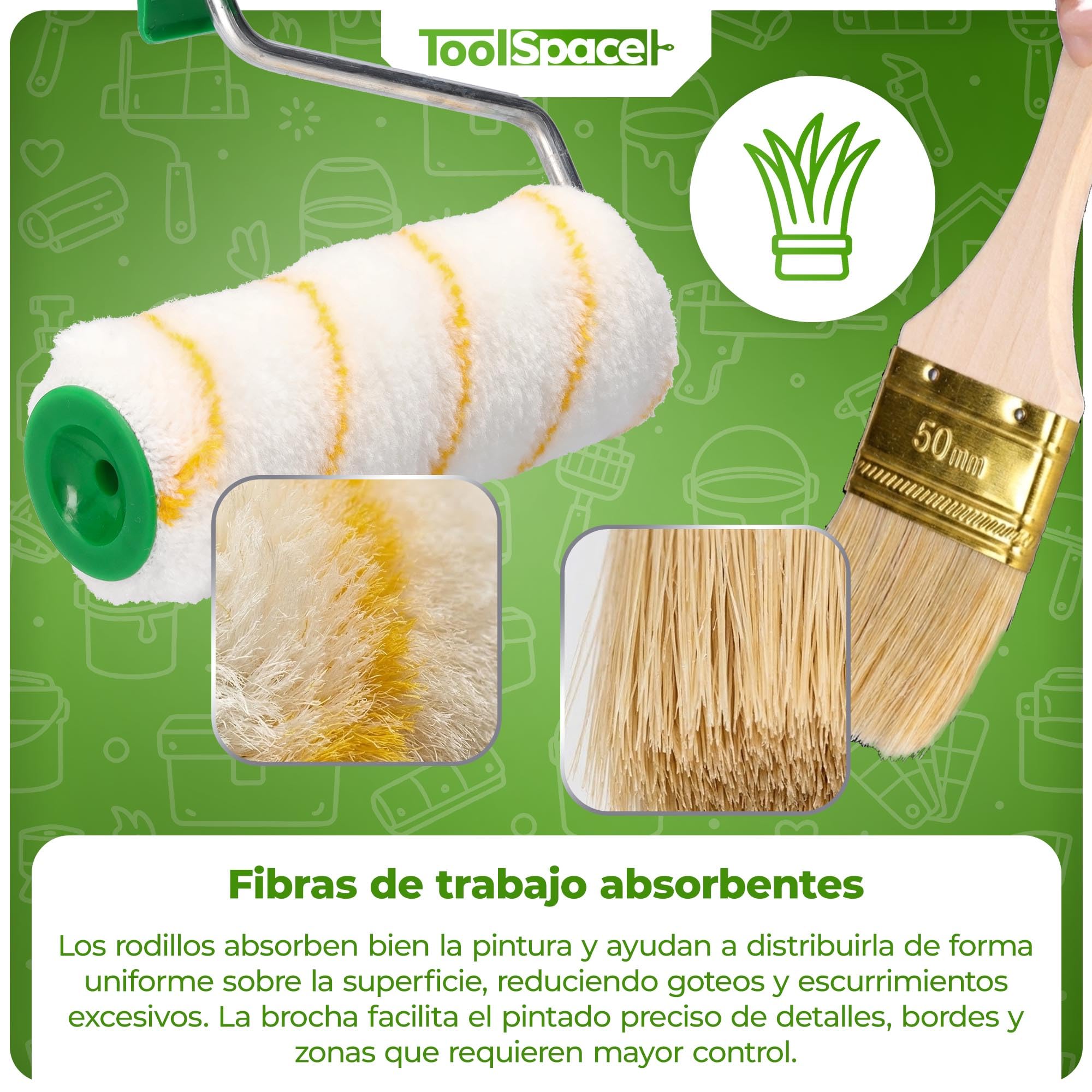 ToolSpace Set de pintura - 13 piezas - 2x rodillos de pintura, bandeja de pintura, 3x pinceles, agitador de pintura, espátula, cinta adhesiva y lámina - Set de pintura completo
