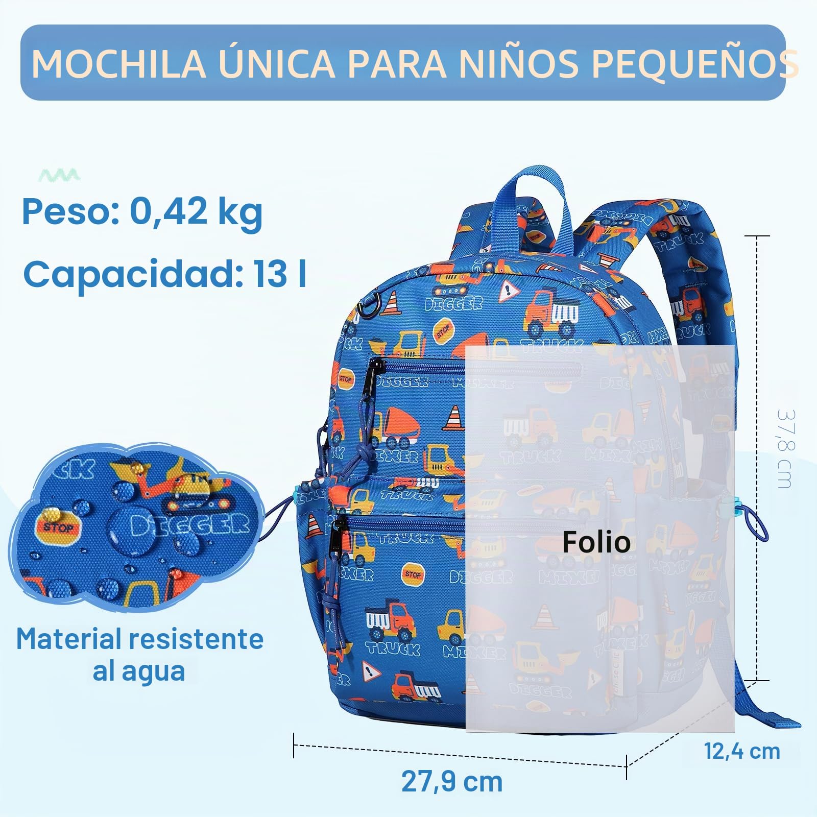 Chase Chic Mochila Escolar Niño Azul Celeste Construcción 5-9 Años - Tamaño Mediano 13L (Apto A4) Resistente al Agua Ergonómica para Primaria