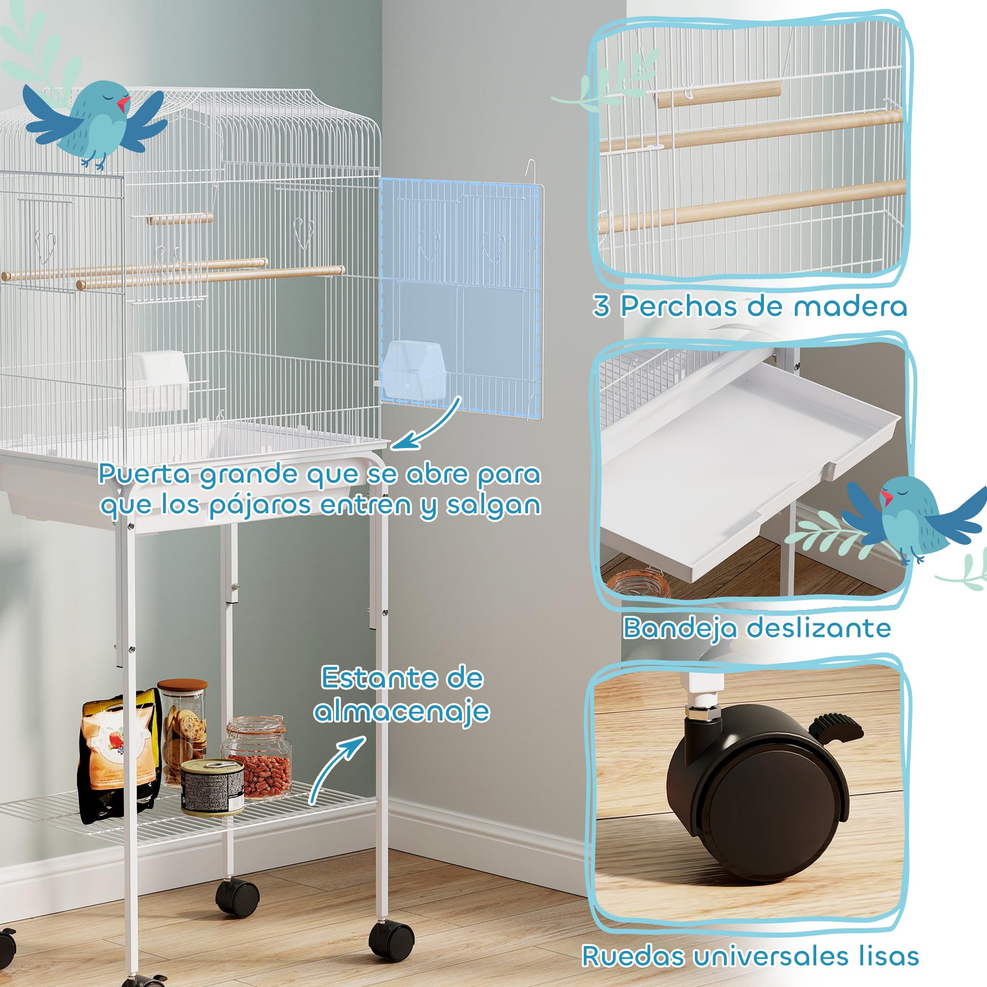 PawHut Gabbia per pappagalli con supporto a ruote Bianco 46,5x36x124 cm | Gabbie per Budgie, per Fringuello e Canarino, Vassoio estraibile, Ripiano porta accessori