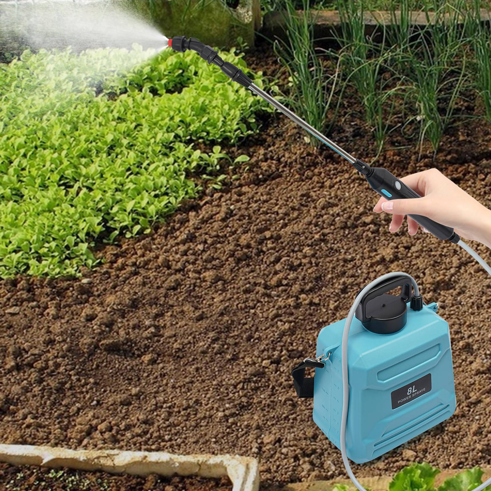 Pulverizador a presión de 8 l, pulverizador eléctrico para plantas con 3 boquillas ajustables, varilla telescópica de 60 cm, pulverizador a presión, pulverizador de jardín, jeringa para malas hierbas
