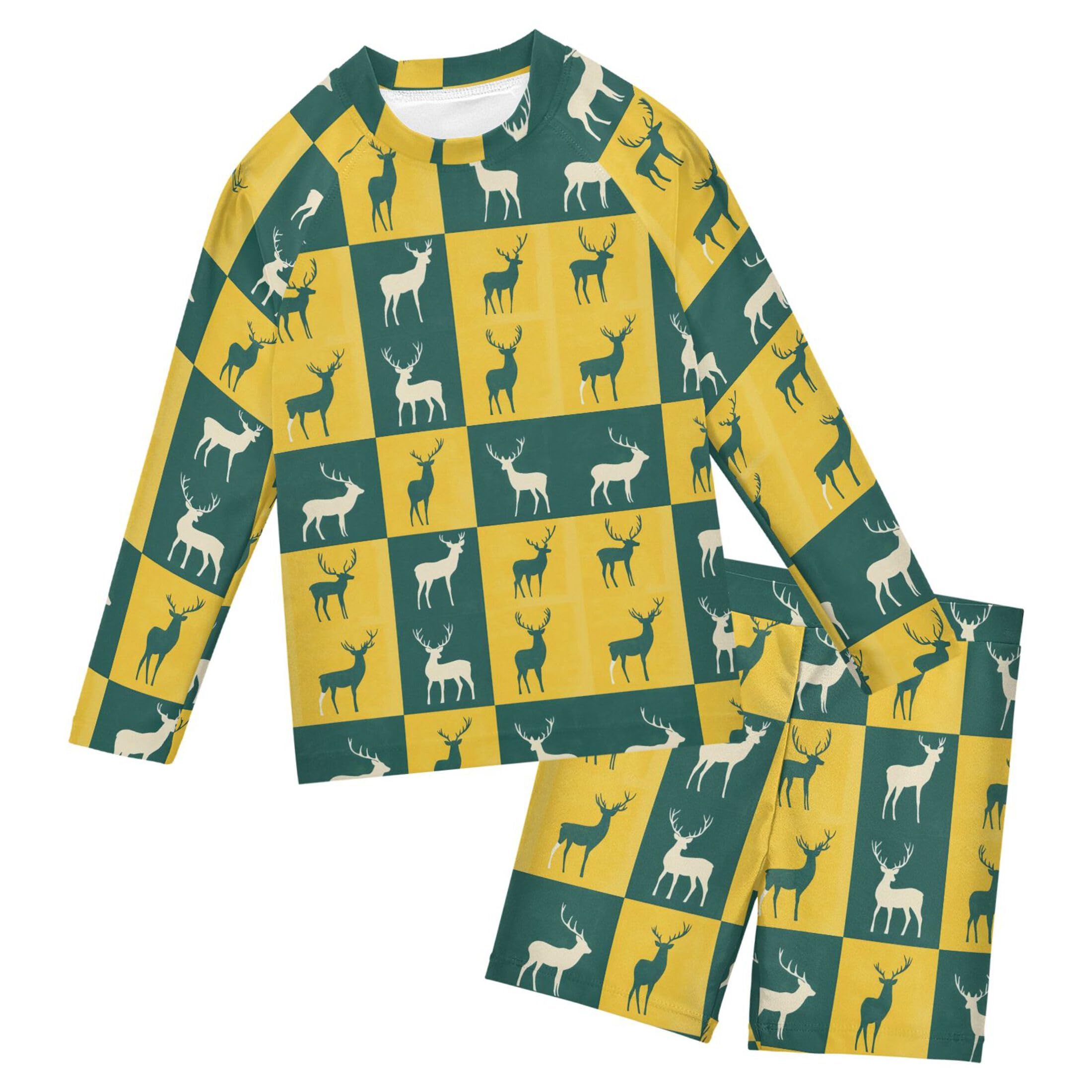 Elk Yellow Green Plaid Baby Boys' Toddler Long Sleeved Rashguard Swim Bathing Suit Set B0404848