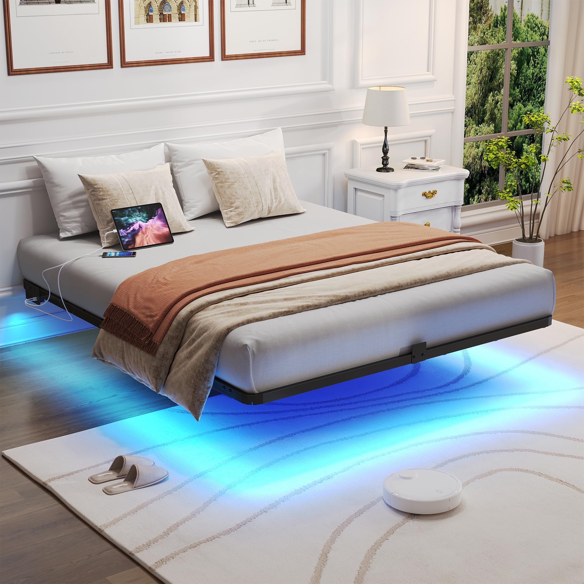 Floating Bed Frame with LED Lights and Charging Station - Modern Metal Platform Bed Frame - Noise Free