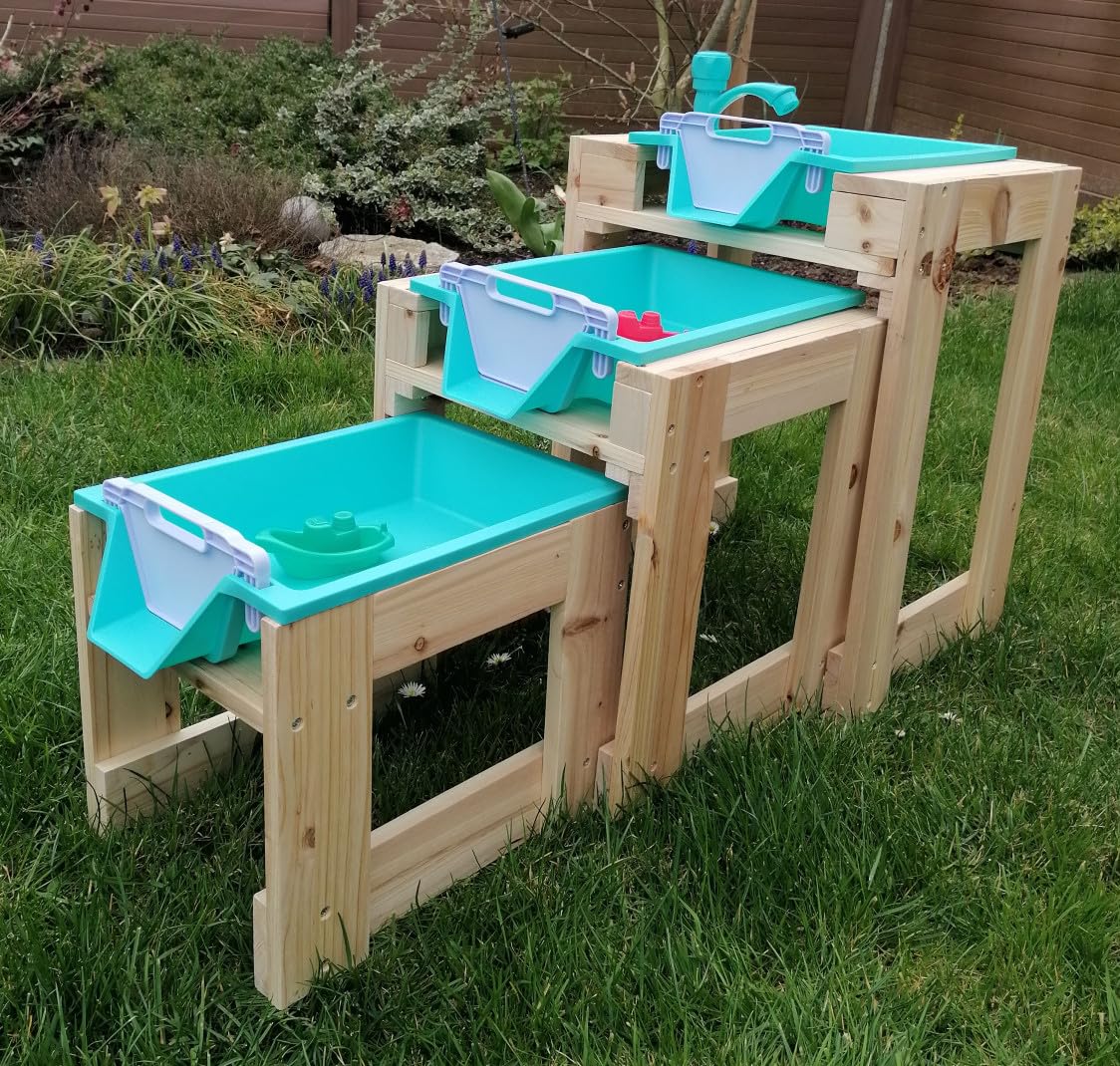 Wasserspieltisch mit Wasserhahn und 3 Boote, Wassertisch Kinder Outdoor aus Naturholz mit Wasserbecken, Schlauchanschluß, 3 Wasserbecken für Wasserfall und Staudamm
