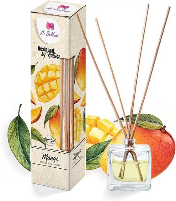 Mi Bellumi Zapach do pomieszczeń z pałeczkami, pałeczki zapachowe mango, dyfuzor do pokoju, kuchni lub salonu (mango, 50 ml)