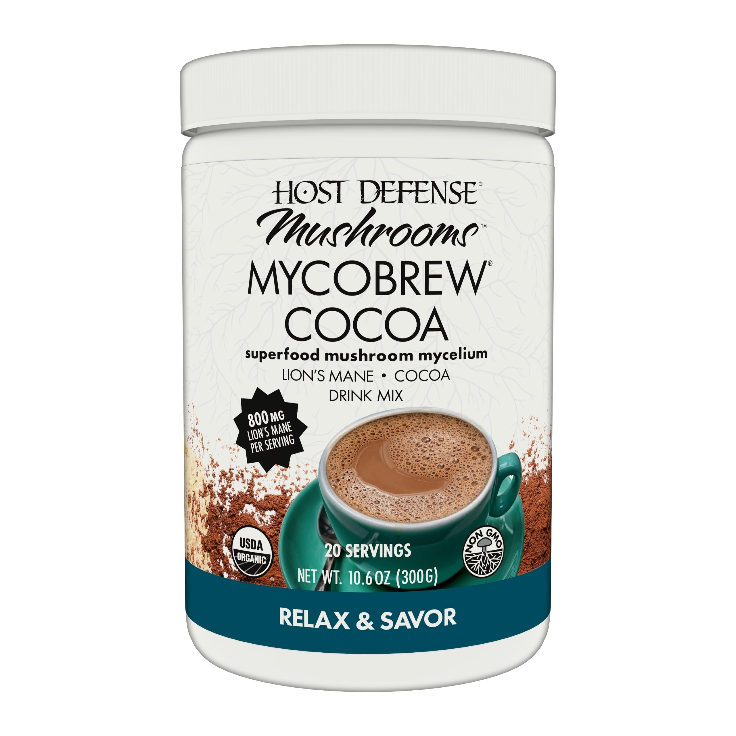 Host Defense MycoBrew Cocoa - Cocoa Drink Mix Includes Lion's Mane Mushroom Powder - Superfood Powder Drink Mix with Fair Trade Certified Chocolate - 10.6 oz (20 Servings)