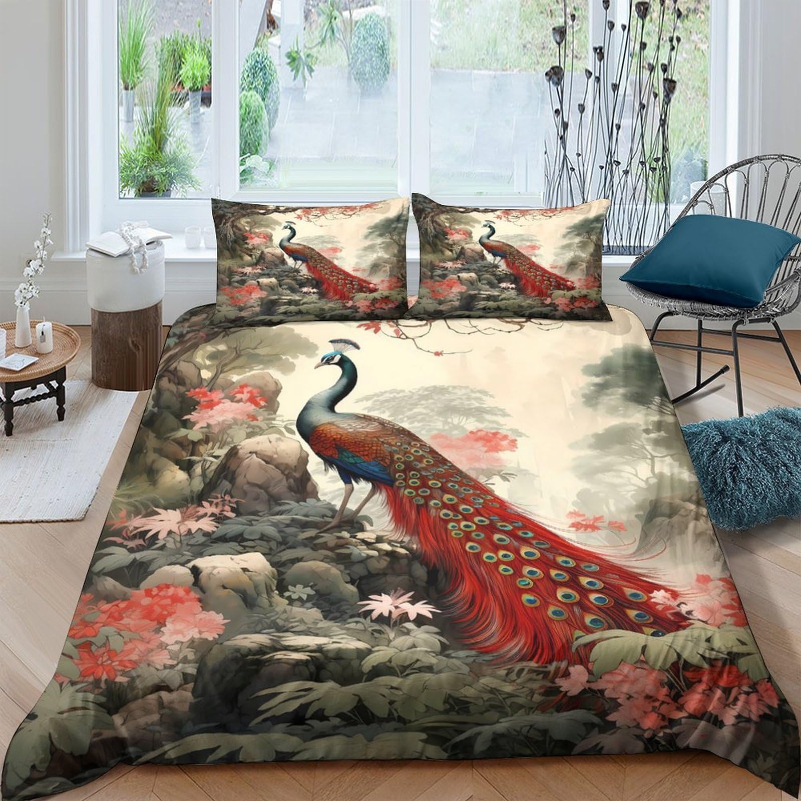 Ctjqhvkz Style-4 3D Printed Peacock Garden Fitted Sheet Microfiber Soft Breathable Lotus Scene Mattress Cover For Bedroom Guest Room Single（135X200cm）