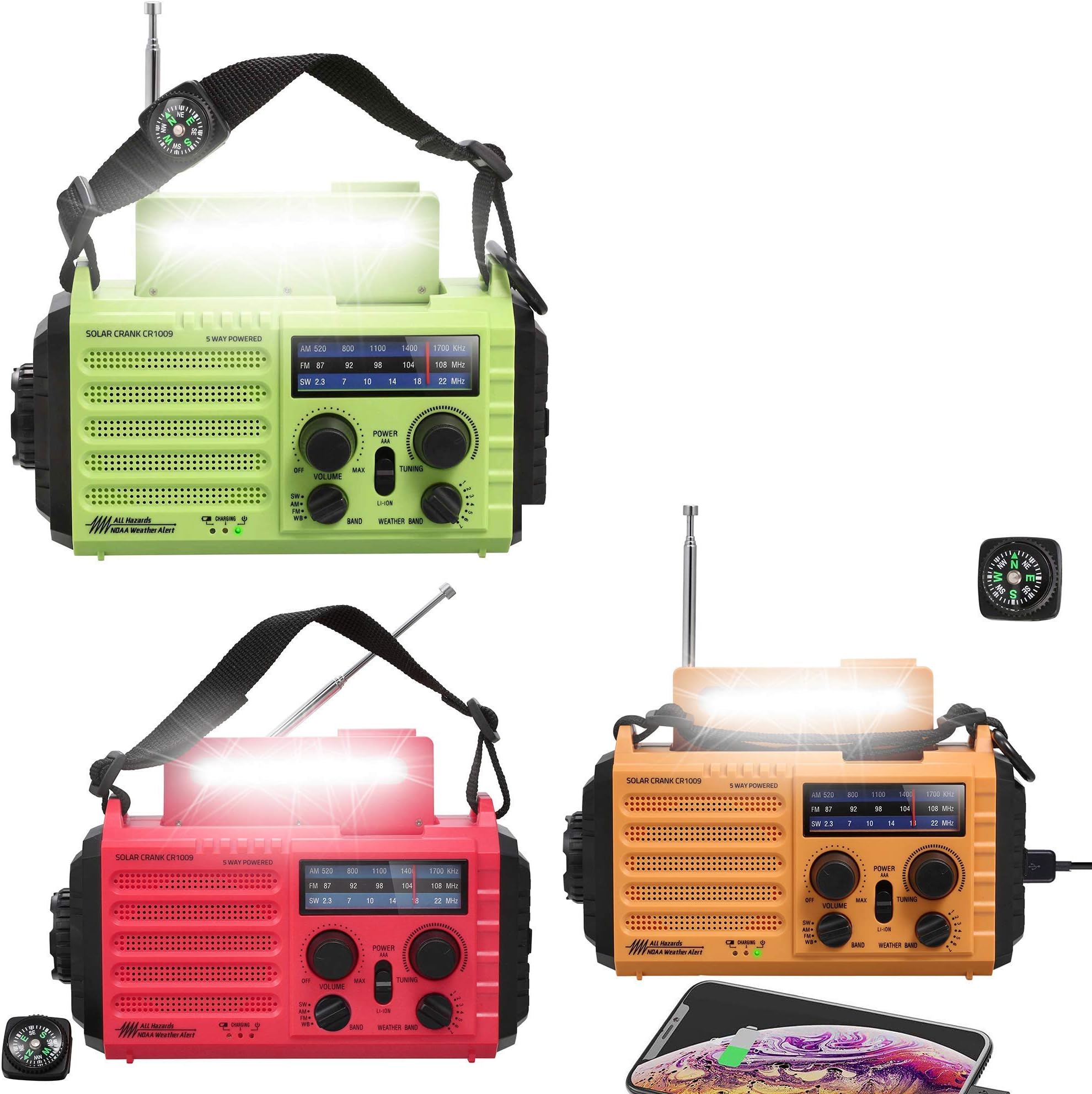 5-Way Powered Portable Emergency Solar Hand Crank AM/FM/SW/NOAA Weather Alert Radio - Green/Orange/Red