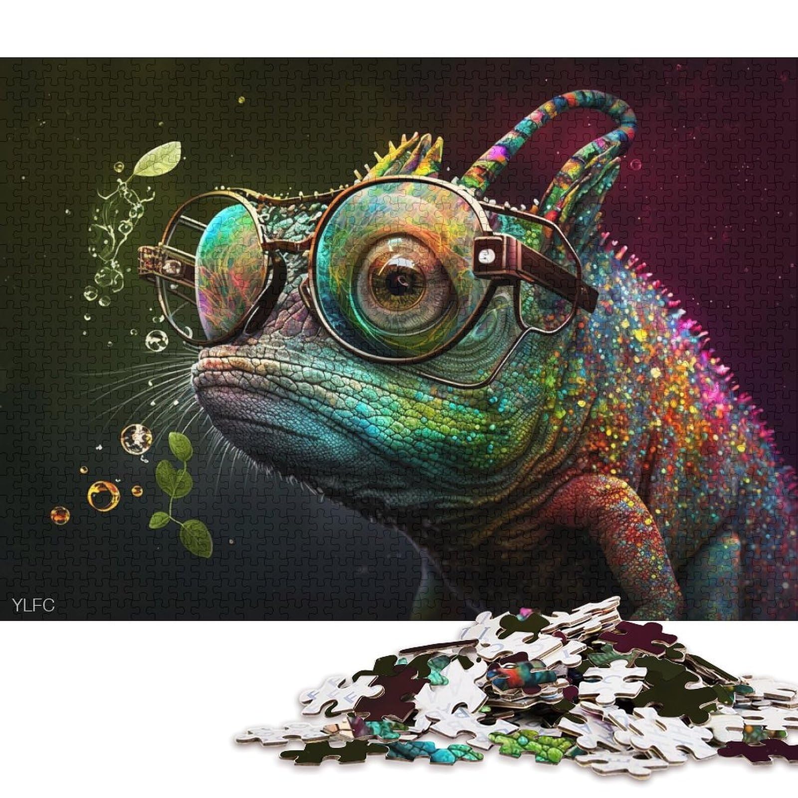 1000 Piece Jigsaw Puzzle Chameleon with Glasses Jigsaw Puzzles for Adults Wooden Jigsaw Puzzles Home Art Decor 75 * 50cm/1000pcs