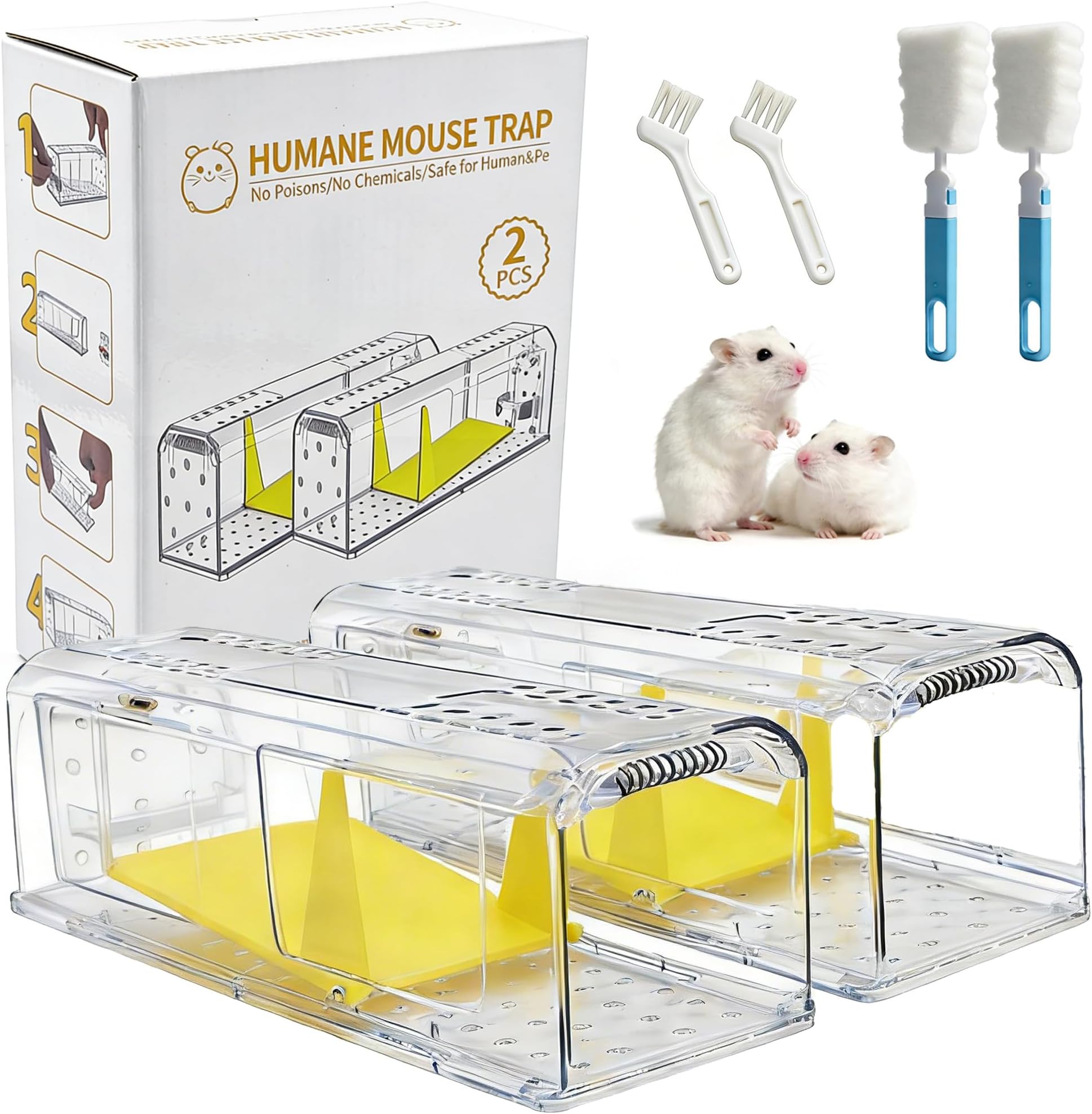 2 Pack Humane Mouse Traps, Indoor & Outdoor Use,Touch-Free,Catch & Release Options, Includes Cleaning Brush, Washable & Reusable, Pet & Child Safe, High Sensitivity Rodent Catcher