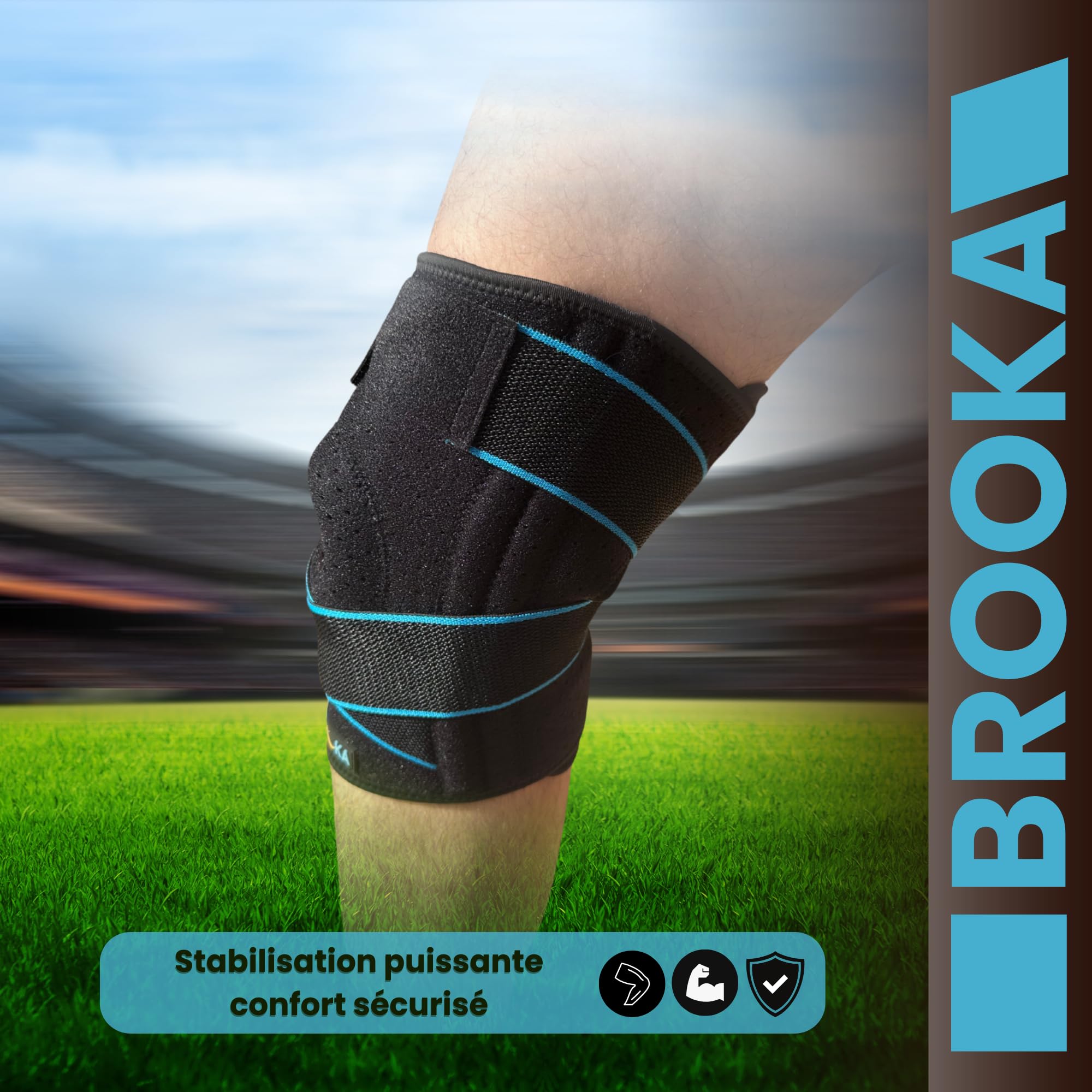 Genouillère de maintien ligamentaire et rotulien avec sangles élastiques, stabilisateur latéral et coussinet en gel pour un confort optimal