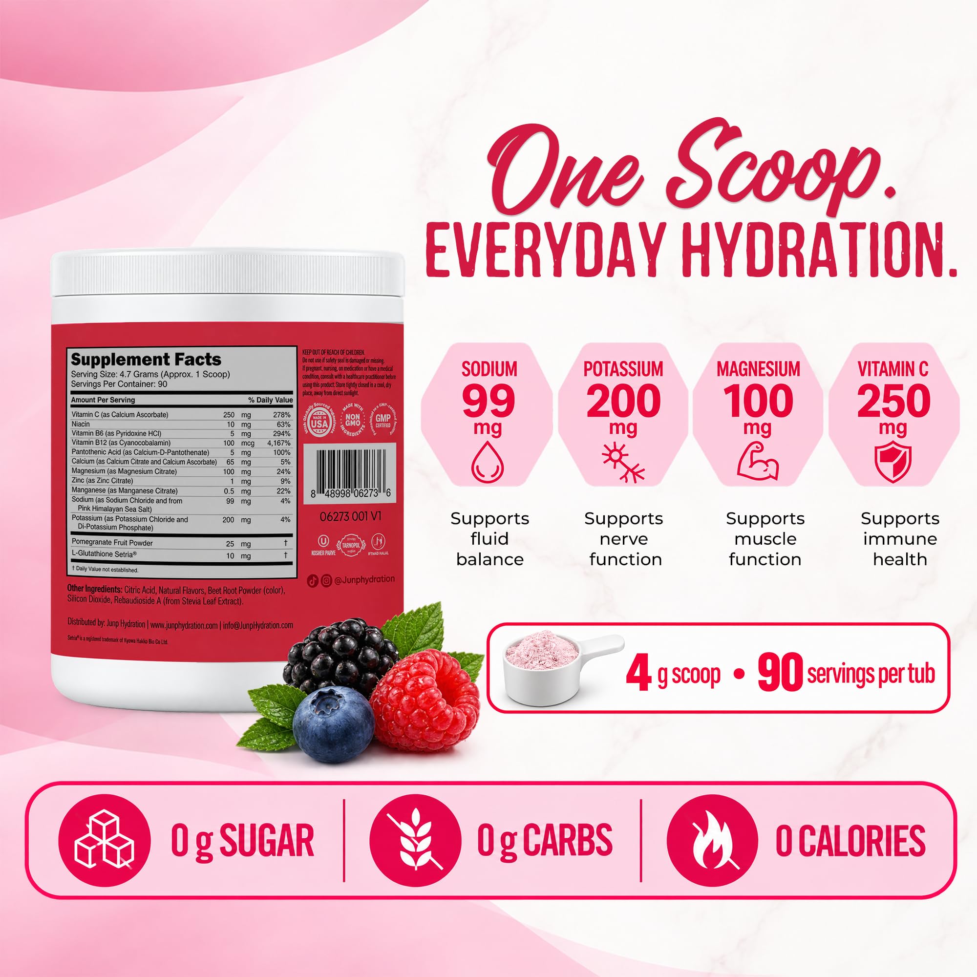 JUNP Electrolytes Powder No Sugar No Carbs, Wild Berry Fruit Flavor Keto Electrolyte Drink Mix - Potassium & Salt Hydration Powder Electrolytes, Zero Calorie Sugar Free Electrolyte Powder, 90 Servings — Amazon image 6