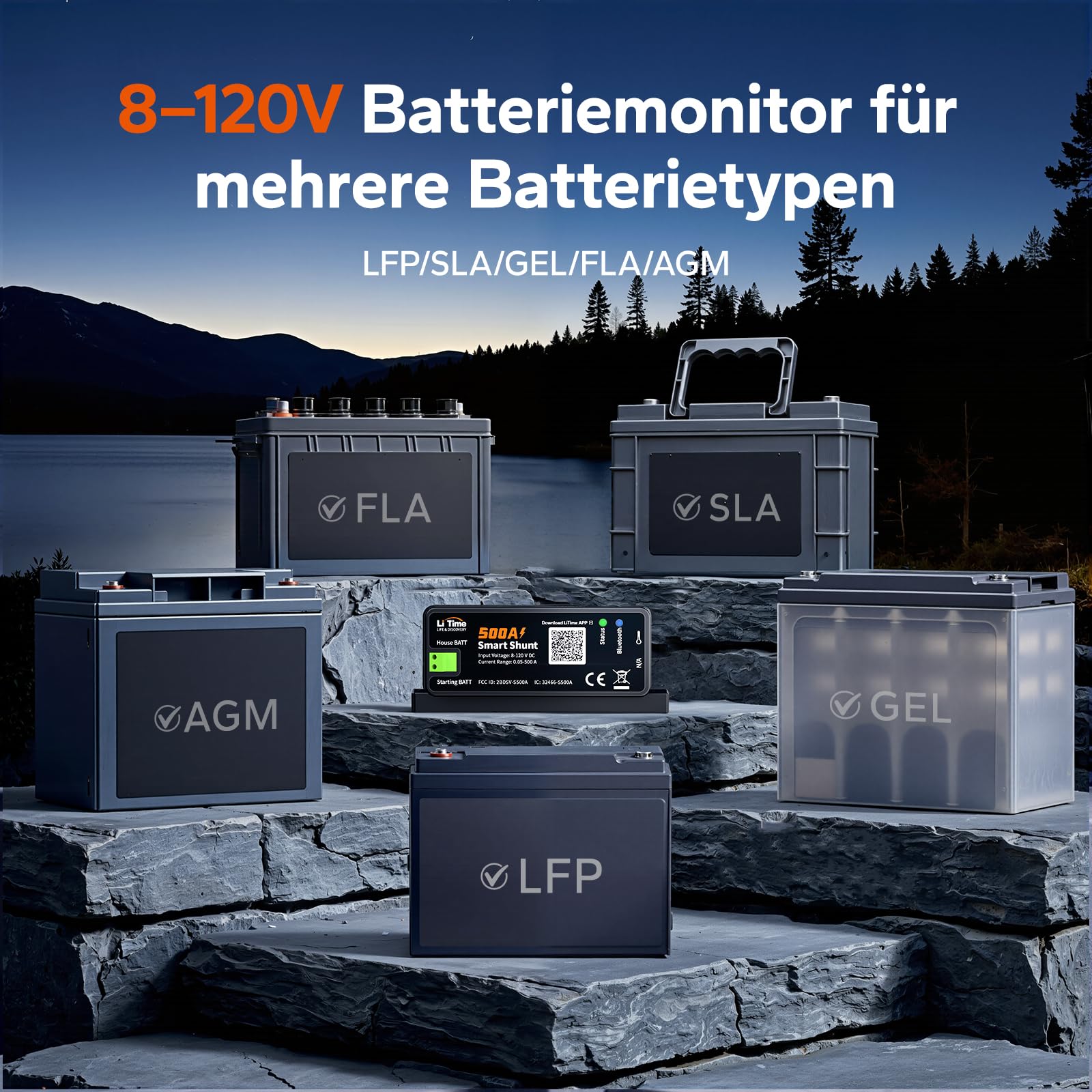 LiTime Smart Shunt 500A, Bluetooth Batteriemonitor 8V–120V mit SOC, Alarmen und Historischen Daten für Lithium-, LiFePO4-, AGM- und GEL-Batterien, für Wohnmobil, Boot und Heimspeicher