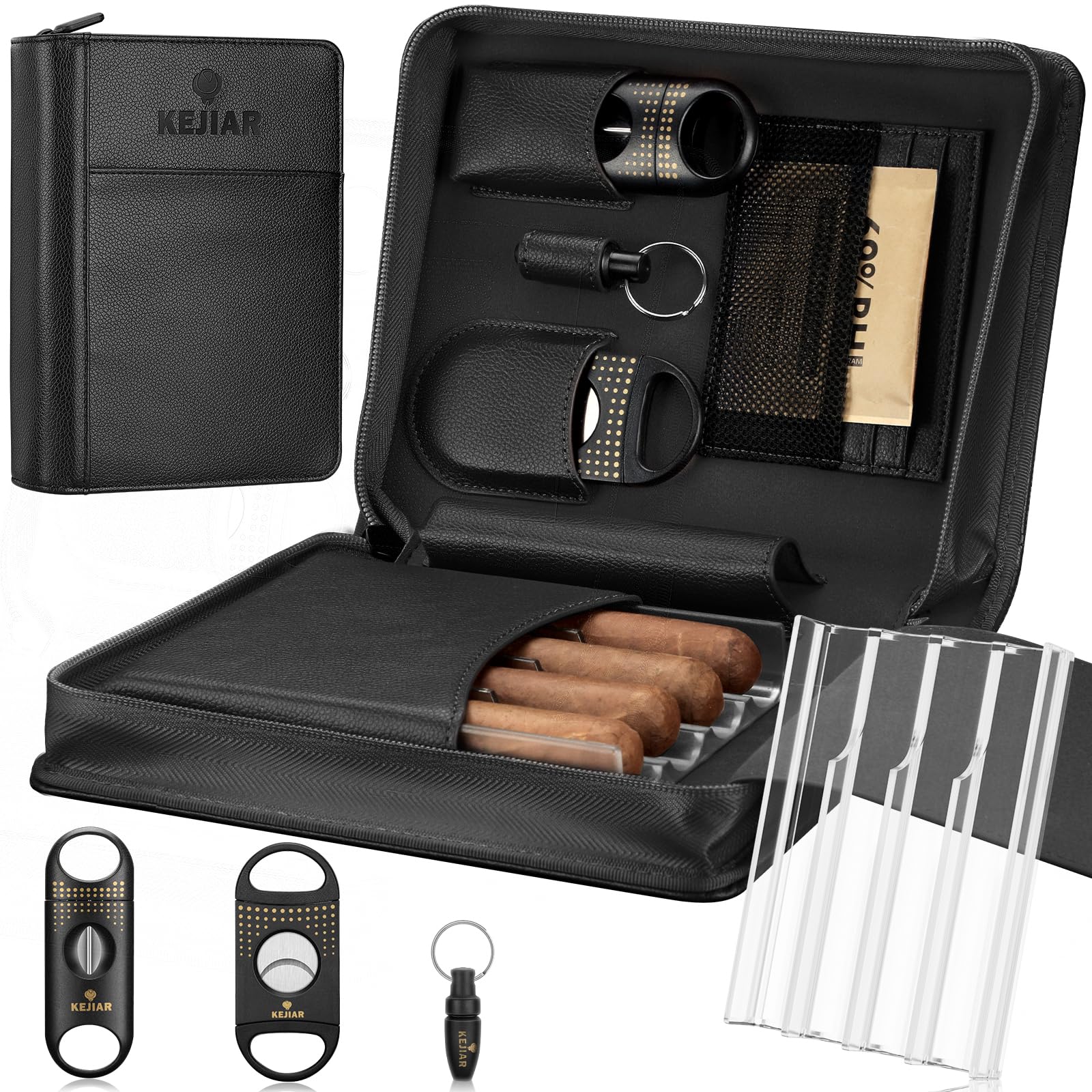 Cigar Humidor Case, Portable Cigar Box with Cigar V Cutter, Straight Cigar Cutter, Cigar Punch, Cigar Humidifier Packs, Travel Humidor and Cigar Accessories Gift Set Leather Cigar Case (Black)