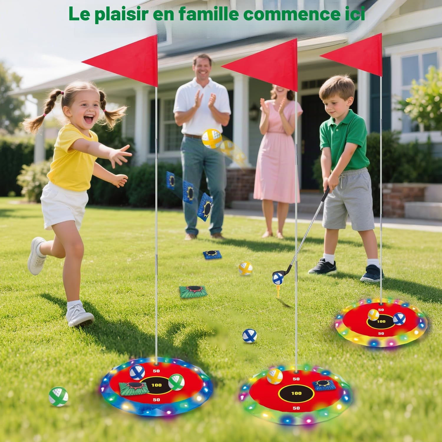 VATOS Golf lumineux 2 en 1 pour enfants – Jeu de golf et lancer de pouf avec 6 cibles LED, 2 clubs, 18 balles, jeu de golf de nuit pour intérieur et extérieur, fête, cour, cadeau de golfeur, jouets de