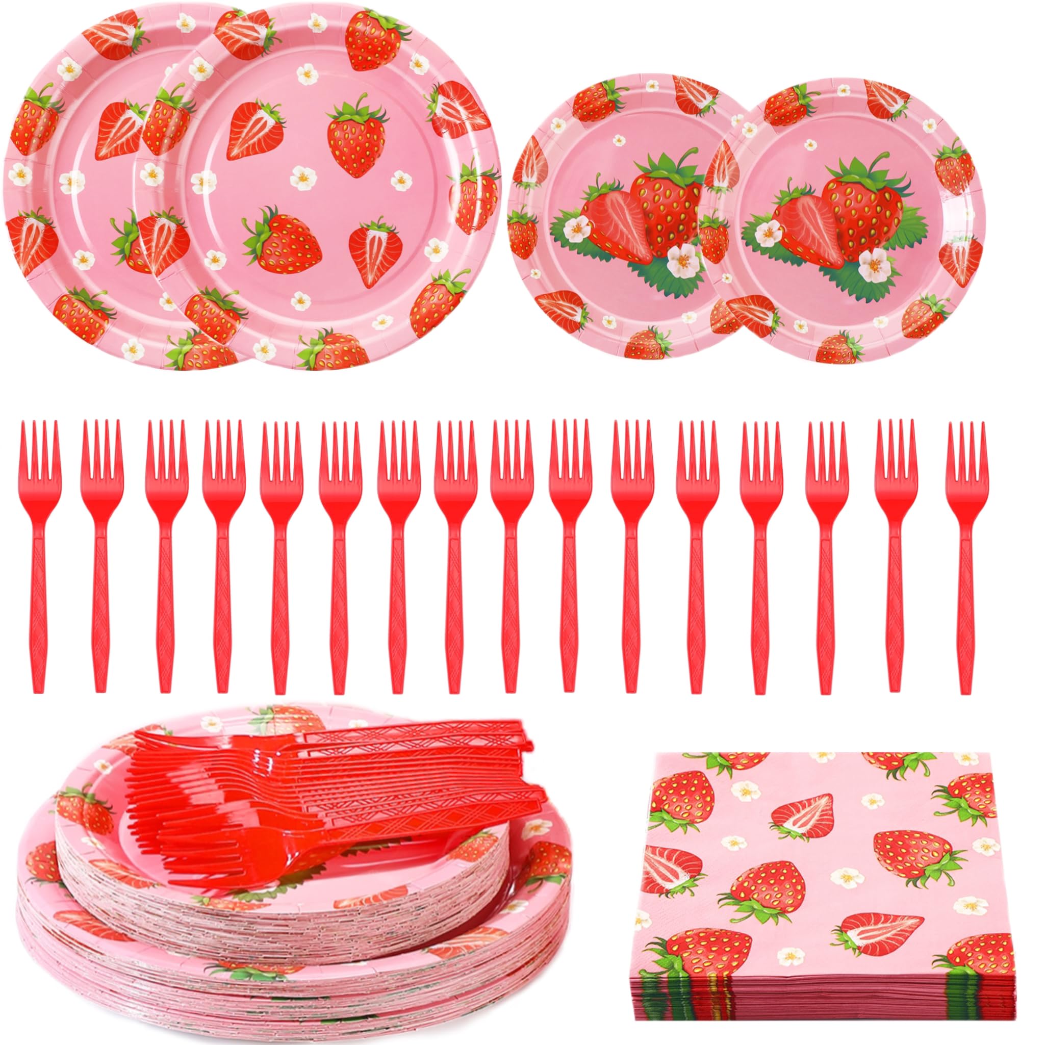 Layhit 192 Pcs Strawberry Plates and Napkins Tableware Set Plastic Forks Summer Fruit Party Supplies Disposable Strawberry Birthday Decoration Serve