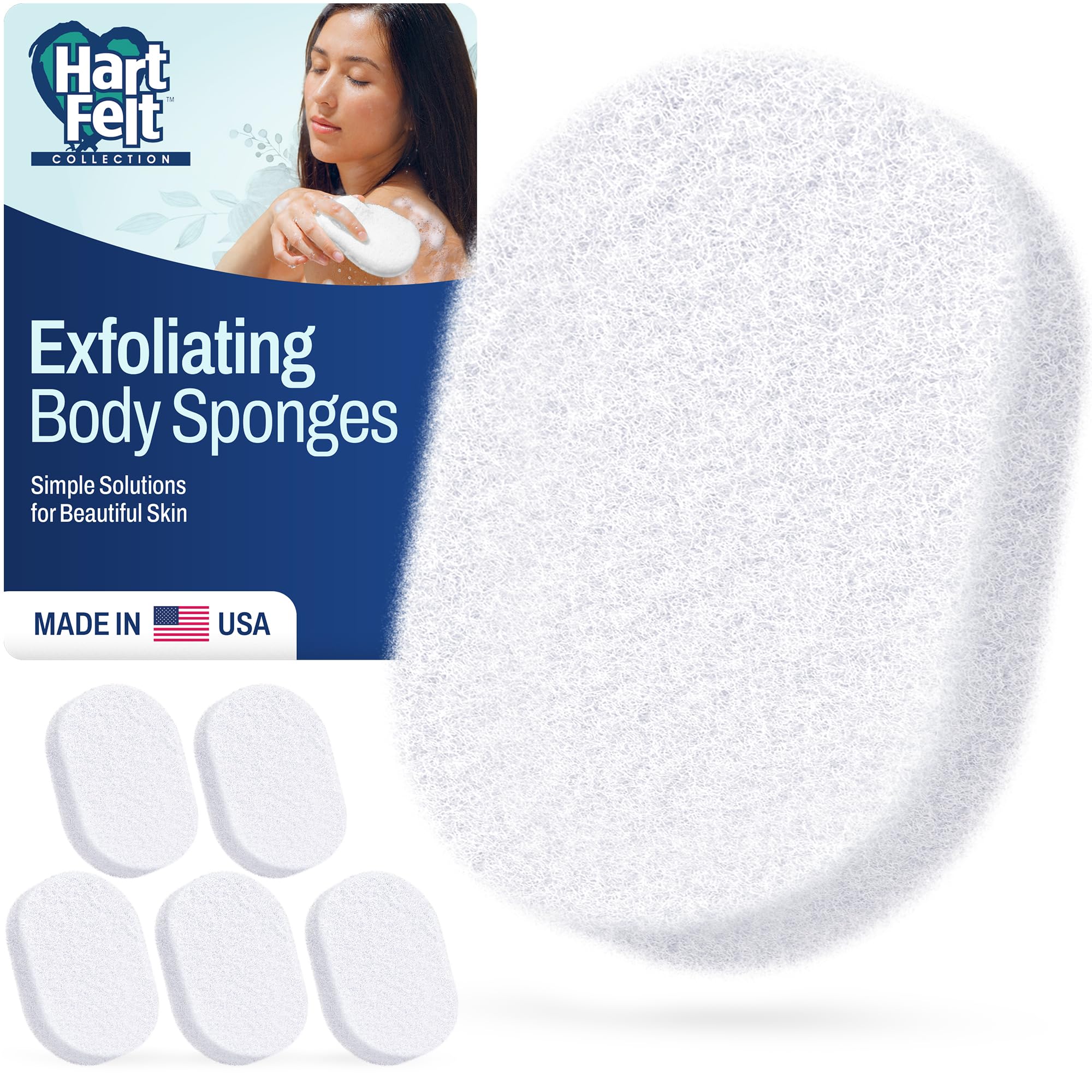 HartFelt Bath Sponges for Shower | Oval Body Wash Scrubber for Exfoliating Skin | Clean and Refresh Body, Back & Arms | Chemical-Free Body Sponge | Made in USA - Pack of 6