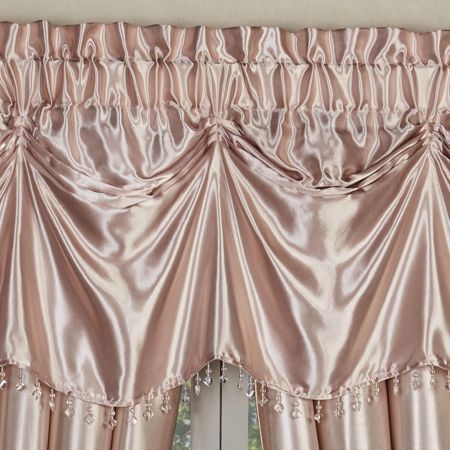 Touch of Class Portia Luxury Window Treatment | Soft Rose Quartz | Premier Smooth Polyester Satin 2 Piece Window Drapery Set with Tuck Valance and 84 Inch Long Curtain Pair