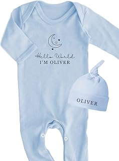 Personlaised Hello World Babygrow Sleepsuit Hat Set Baby grow Blue New baby New Arrival Choice of Text colour Newborn Moon and Stars