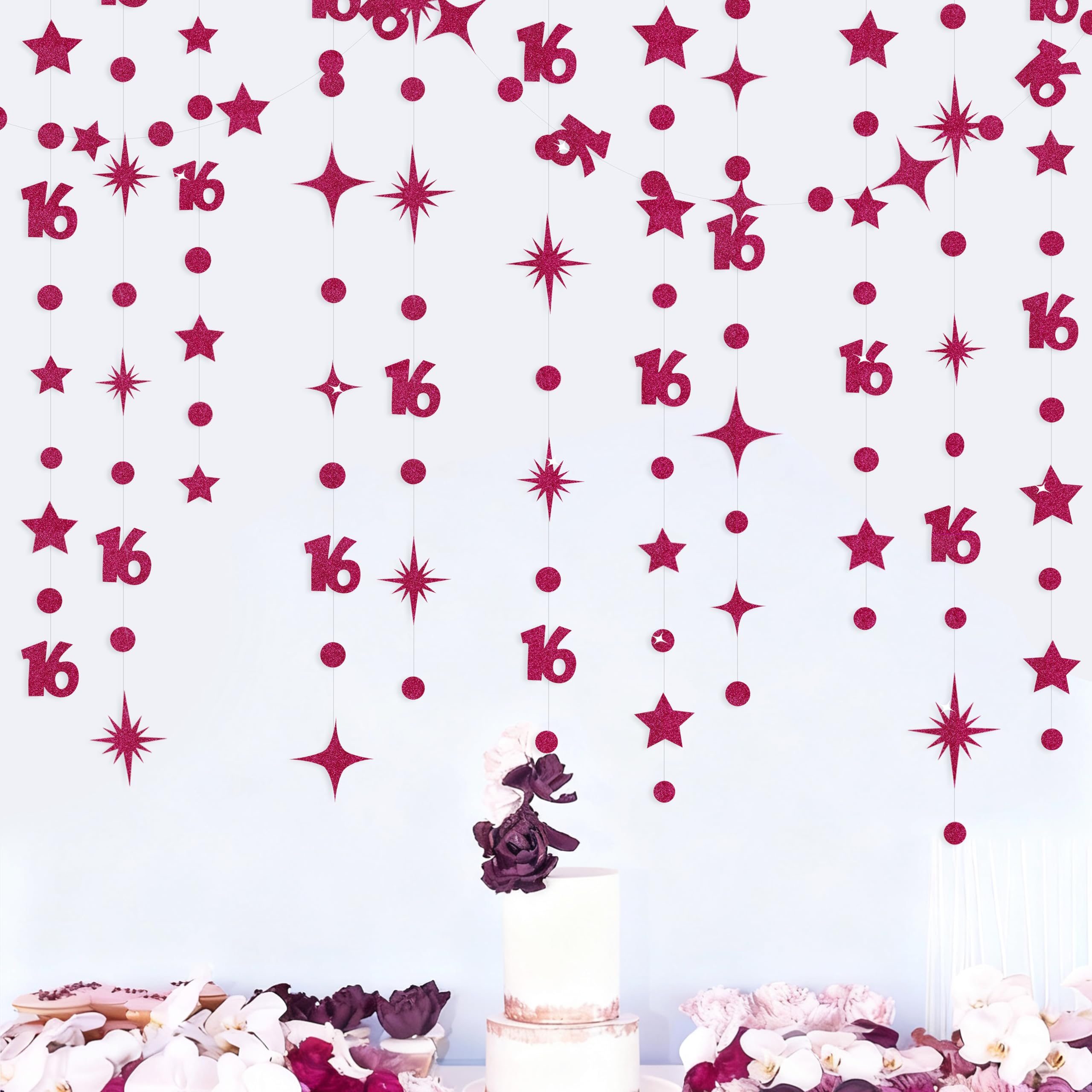 Burgundy 16th Birthday Decorations Number 16 Circle Dot Star Garland Glitter Streamer Banner Backdrop for Girls Boys Sweet Sixteen Cheers to 16 Years Old Birthday 16th Anniversary Party Supplies