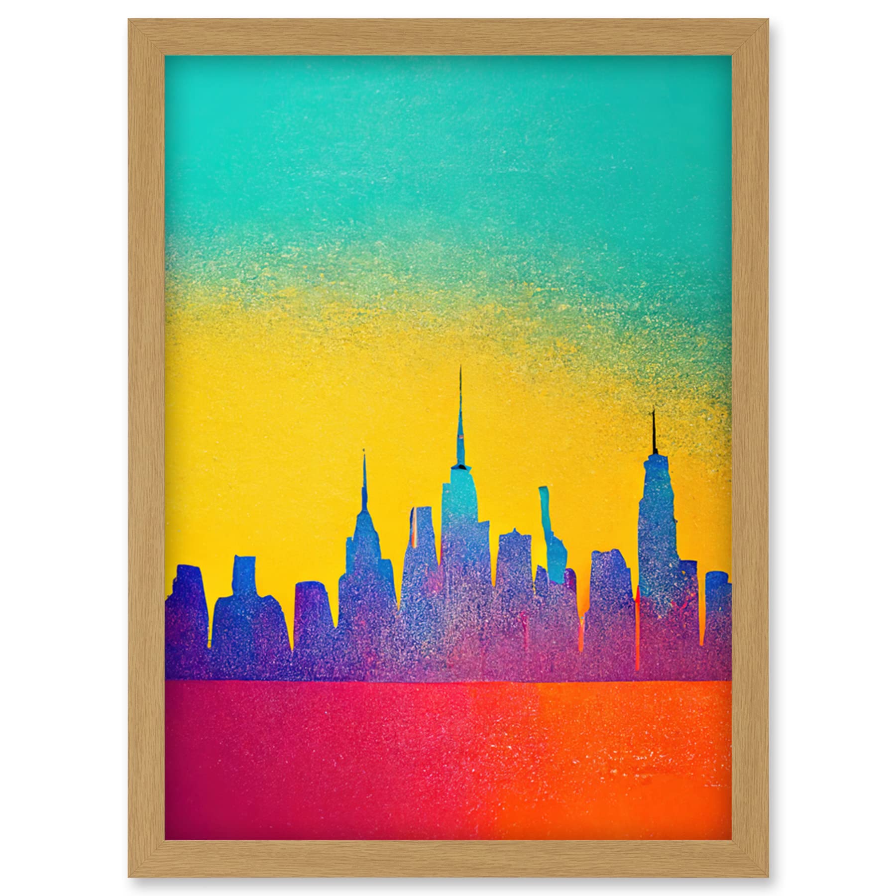 Wee Blue Coo Bright Colourful Abstract New York Skyline Cityscape Yellow Blue Coral Turquoise Artwork Framed Wall Art Print A4