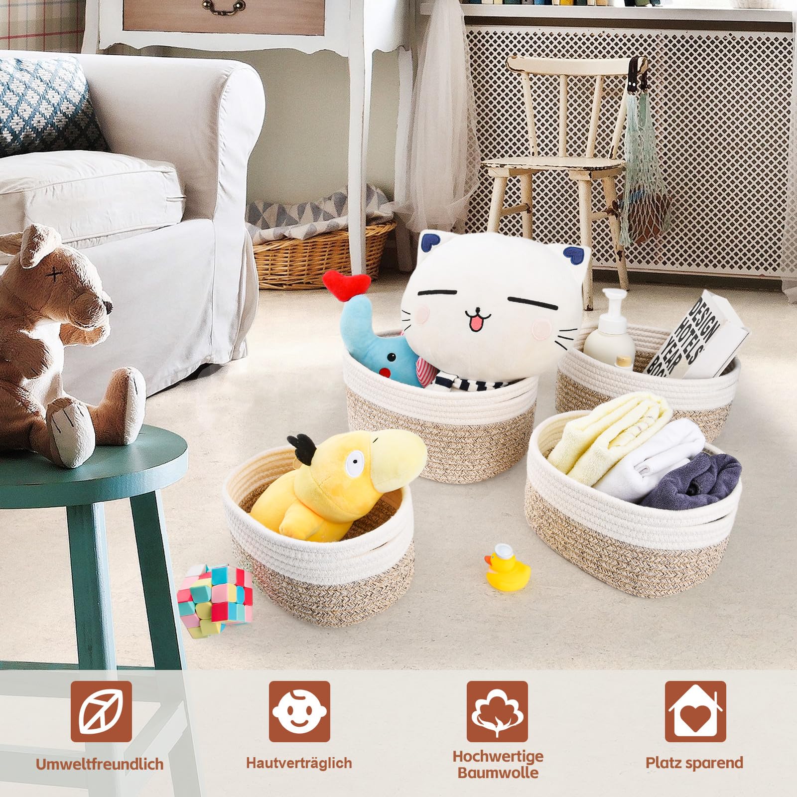 Lot de 5 petits paniers de rangement tissés en coton pour l'organisation, paniers de rangement pliables avec poignées pour le salon (blanc/marron)