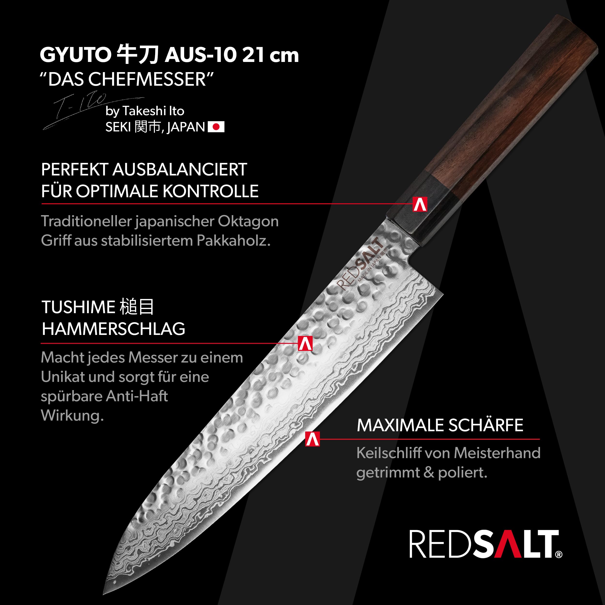 REDSALT® Professional Series GYUTO - Cuchillo de chef (21 cm, acero de damasco, hecho a mano en Japón, con vaina y funda de piel, hoja de damasco, cuchillo de cocina