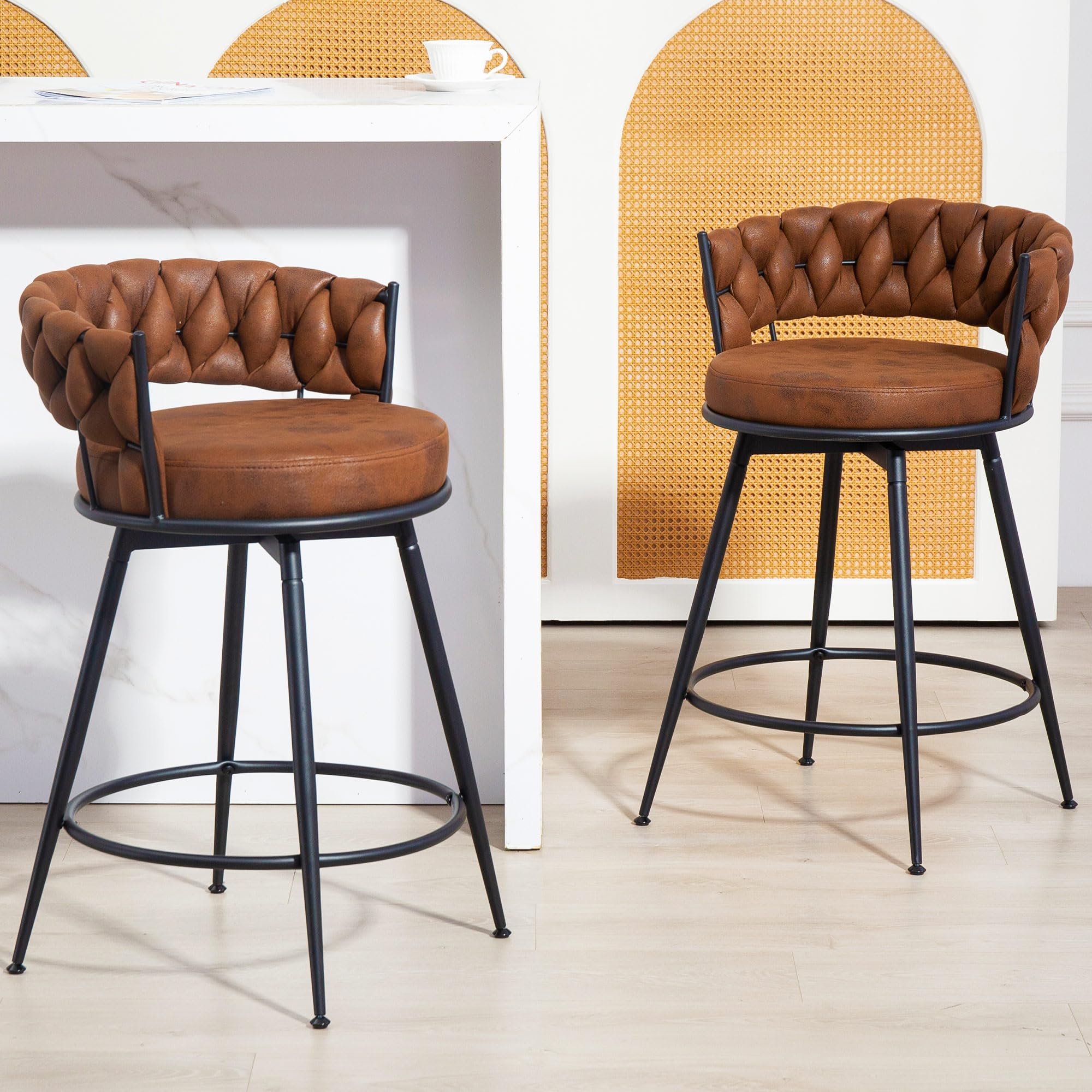 LONXIU Barhocker 2er Set Küchenhocker mit gewebte Lehne und Weicher Stoff, Metallrahmen mit Fußstütze, 360 Drehbar Barstuhl Sitzhöhe 61cm, für die Küche, Esszimmer, Hausbar