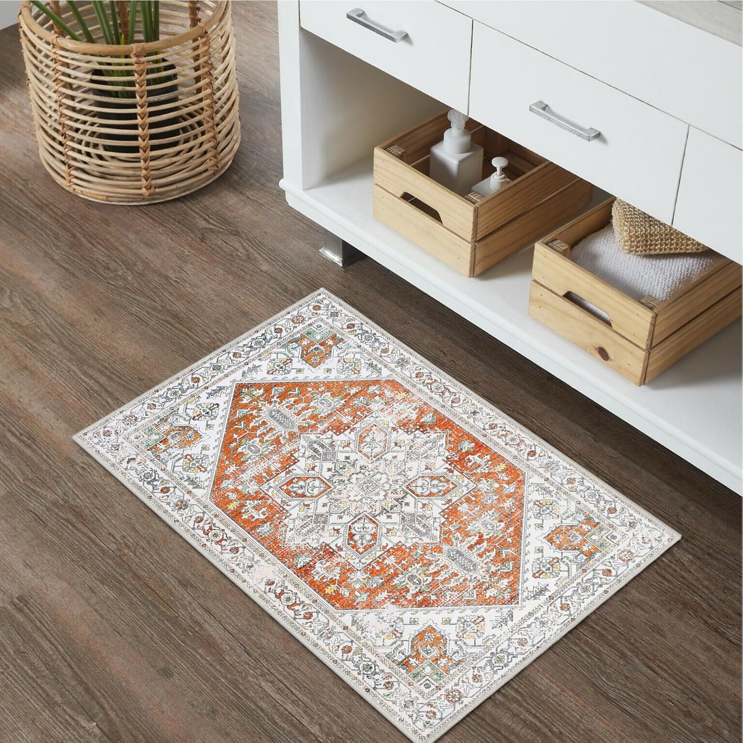 BrilliStar Bathroom Rugs Vintage Boho Bath Mats Orange 20X32 Inch Small Bath Mat Comfy Velvet Non Slip Bathroom Rug Washable Bath Mat Shower Rug for