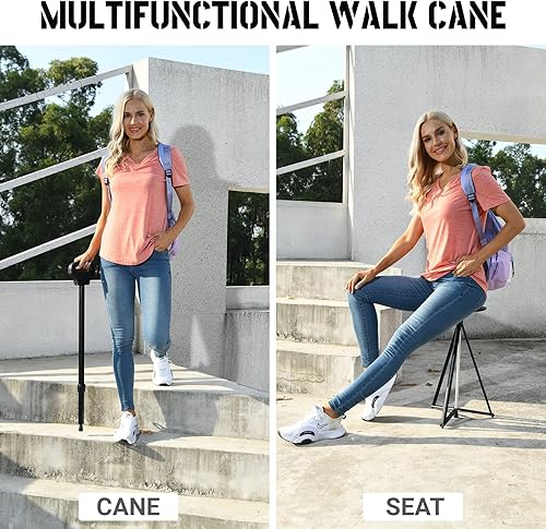 Miniatura 6 de Bastón con asiento, asiento de bastón portátil ajustable, bastón con asiento, taburete plegable con 2 bases de bastón, bolsa de almacenamiento de