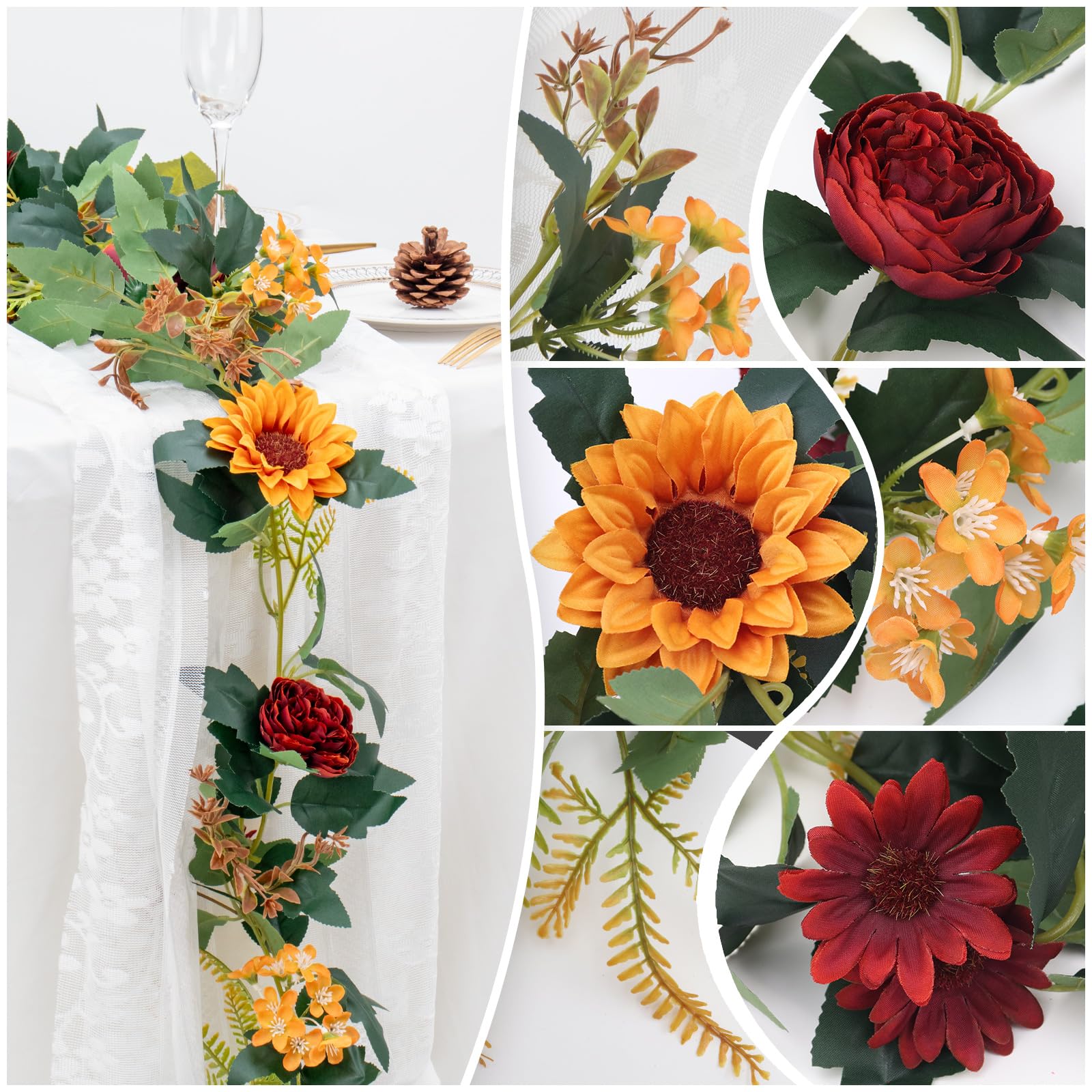 MAKHOT Künstliche Eukalyptus-Girlande mit Blumen, künstliche Rose, Schleierkraut, Rosengirlande, Dekoration, Blumengirlande, grüne Girlande für Hochzeit, Zuhause, Tischdekoration, Weiß, 3,5 m, 2 Stück