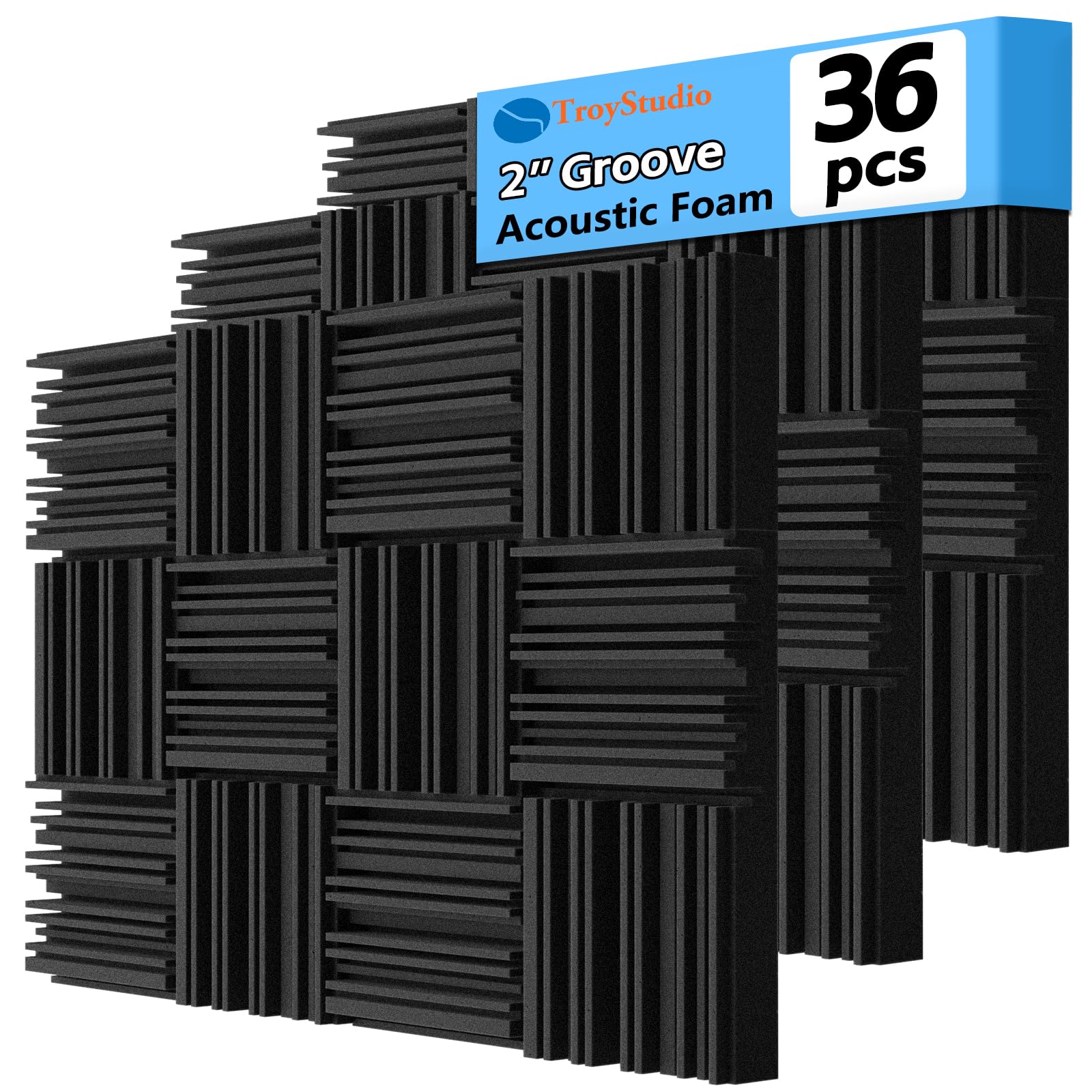 TroyStudio Thick Acoustic Foam Panels, 12 X 12 X 2 Inch 36 Pcs Broadband Sound Absorbing Foam, Dense Soundproof Padding Tile, Recording Studio Foam Absorber, Groove Decorative 3D Wall Ceiling Panel