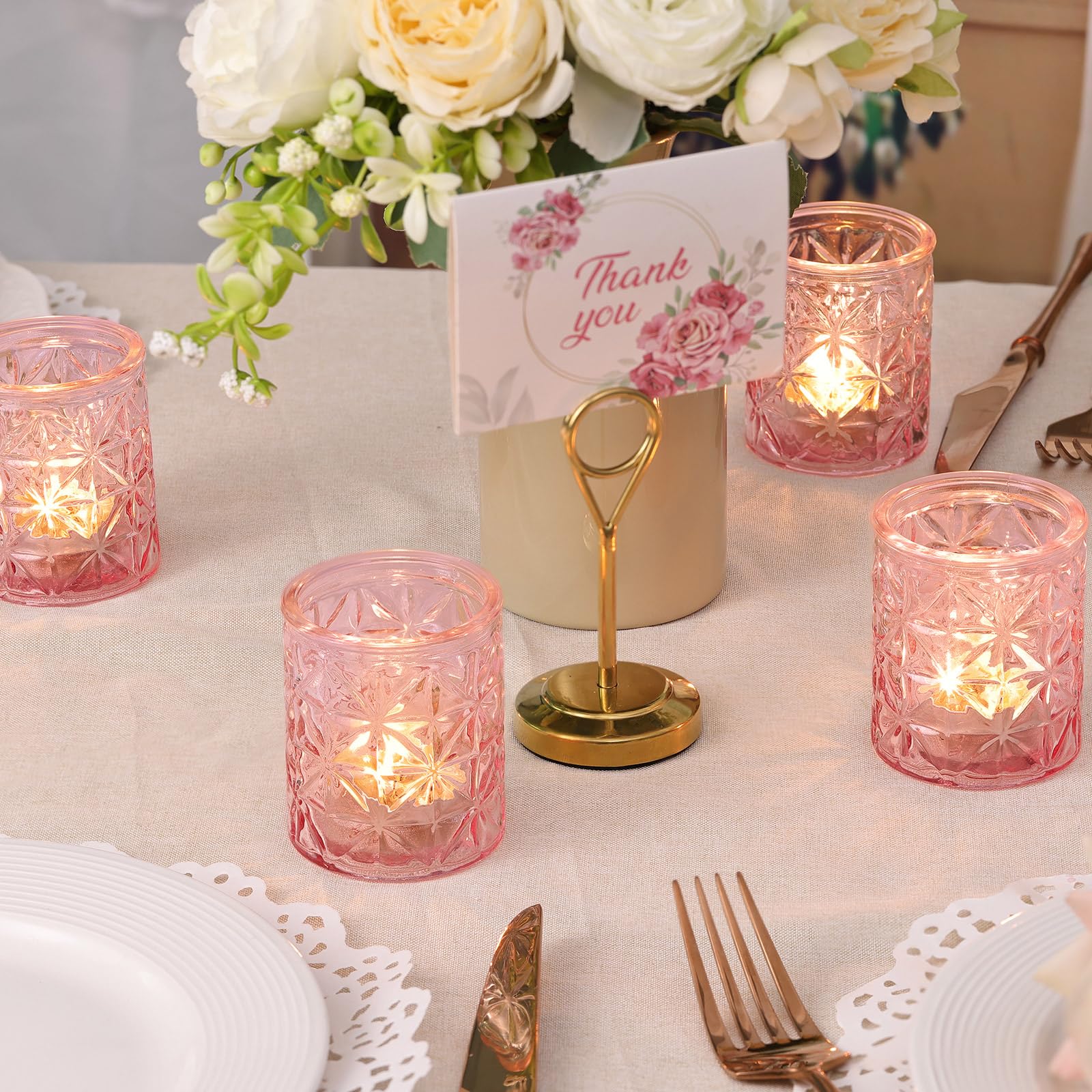 Auzritek Lot de 12 Photophore Verre, pour la Décoration De la Maison Bougeoir Verre, Photophore Bougie Rose, Décoration Idéale pour Dîner, Mariage, Fête, Noël, Nouvel an, Thanksgiving