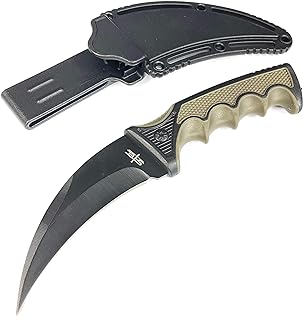 S-TEC Fixed Blade Hunting Knife Hawkbill I 4" Stainless Steel Blade I Rubber Handle I w/Plastic Sheath I Hunting I Camping I Outdoor I (Black Blade) - S-TEC