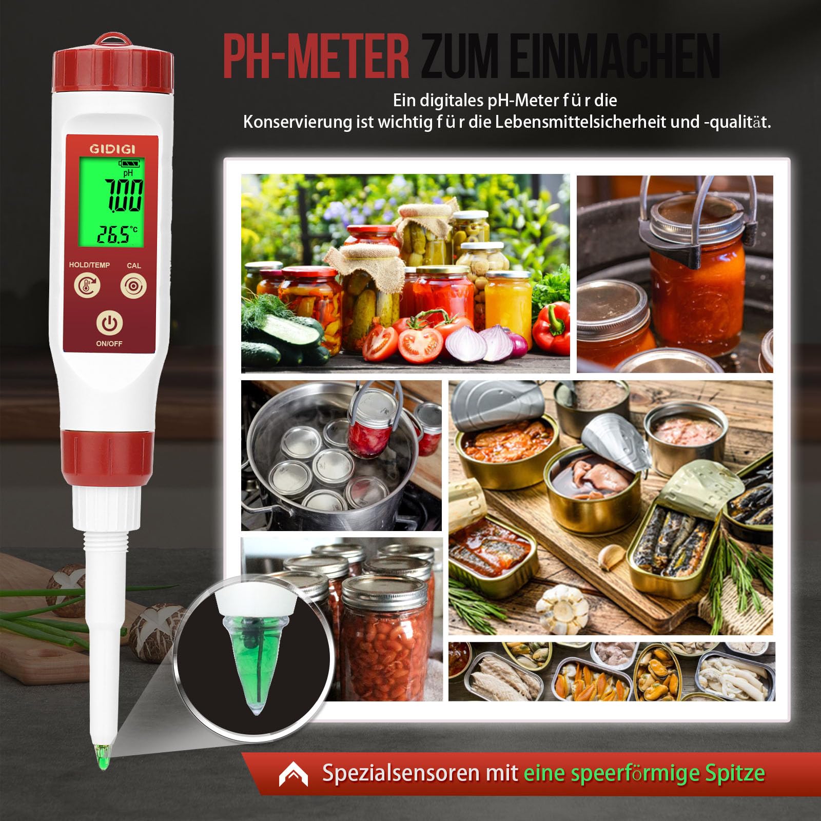 pH Messgerät für Lebensmittel,GIDIGI Digitaler pH Tester für Lebensmittel，Präzise pH Testkits für die Konservierung mit ATC, professioneller pH Teststift für die Gärung, Speer pH Sonde für Brotkäse