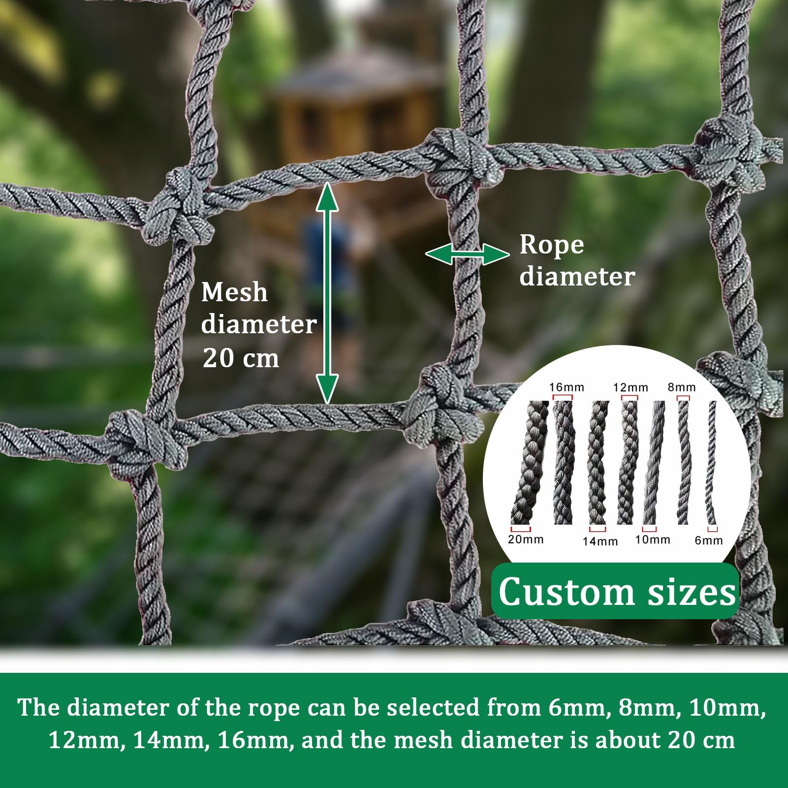 Rete da arrampicata all'aperto per bambini, 1 x 1 m, corda per arrampicata su roccia sicura per parco giochi Recinzione e supporto del carico del veicolo e divertimento arrampicata equint per bambini