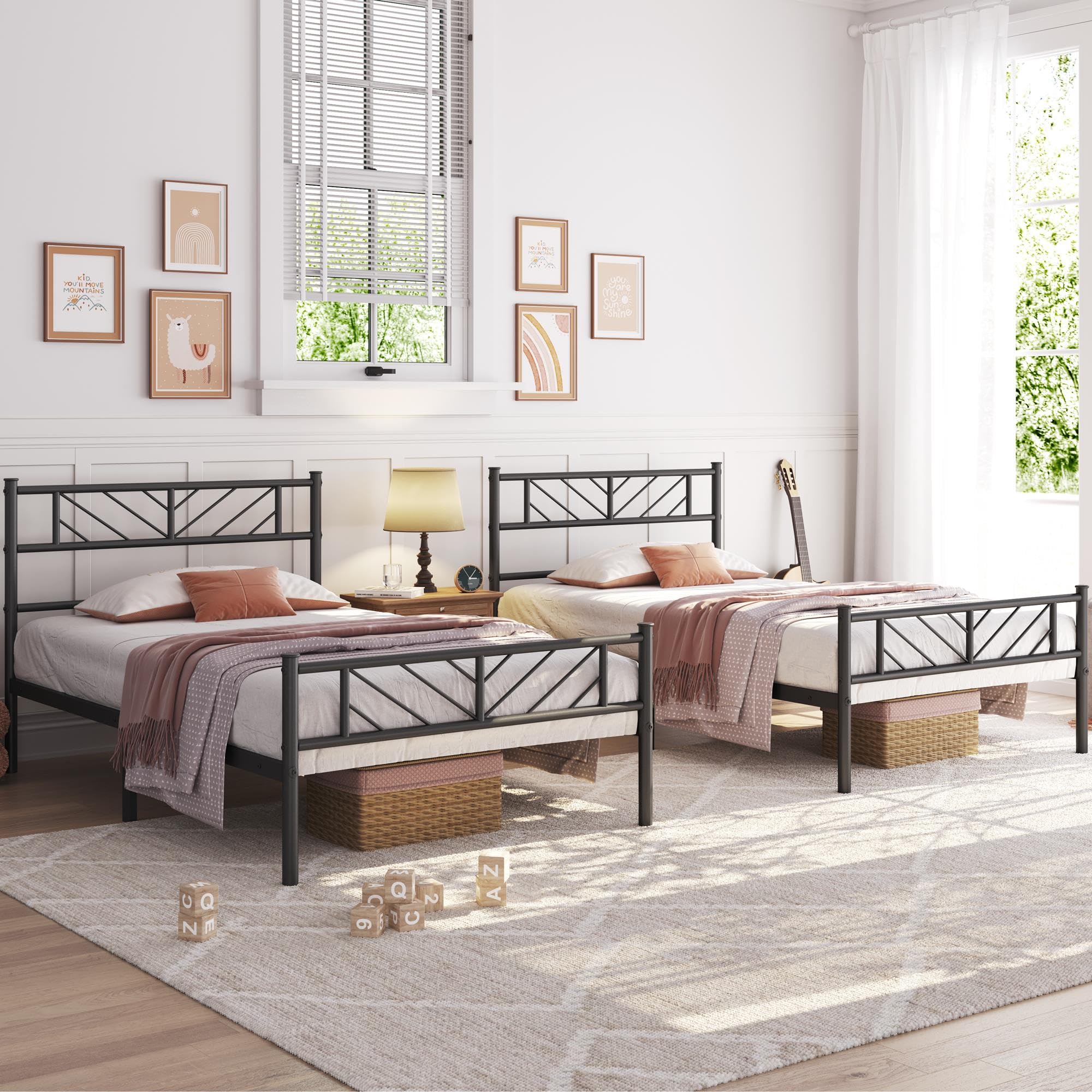 Yaheetech 2er Set 90 x 200 cm Metallbett Minimalistischer Bettrahmen mit Kopfteil Gästebett mit Lattenrost für Schlafzimmer Schwarz