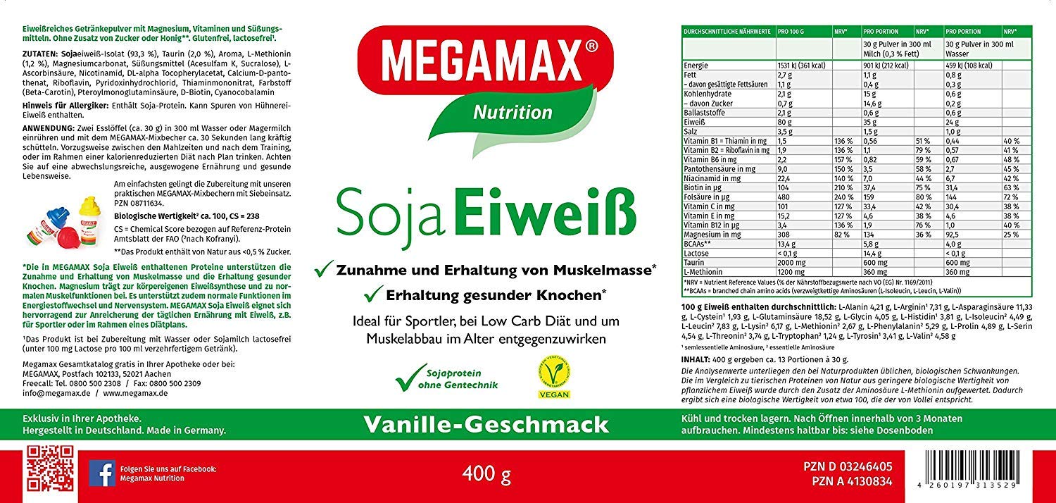 MEGAMAX Soja Eiweiß + Taurin + L-Methionin Vanille 400 g Glutenfrei | Sojaeiweiß-Isolat Low Carb | pflanzliches Eiweiss, Laktosefrei, Aspartamfrei | Veganes Protein für Muskelaufbau und Muskelerhalt