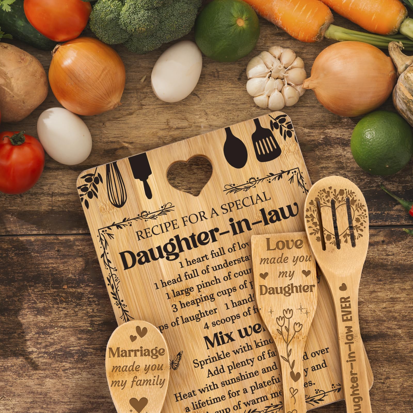 Gifts for Daughter in Law - "Recipe for a Special Daughter-in-Law" Daughter in Law Birthday Gifts Cutting Board Set, Bamboo-Made Engraved Utensil Set Mothers Day Gifts for Daughter in Law