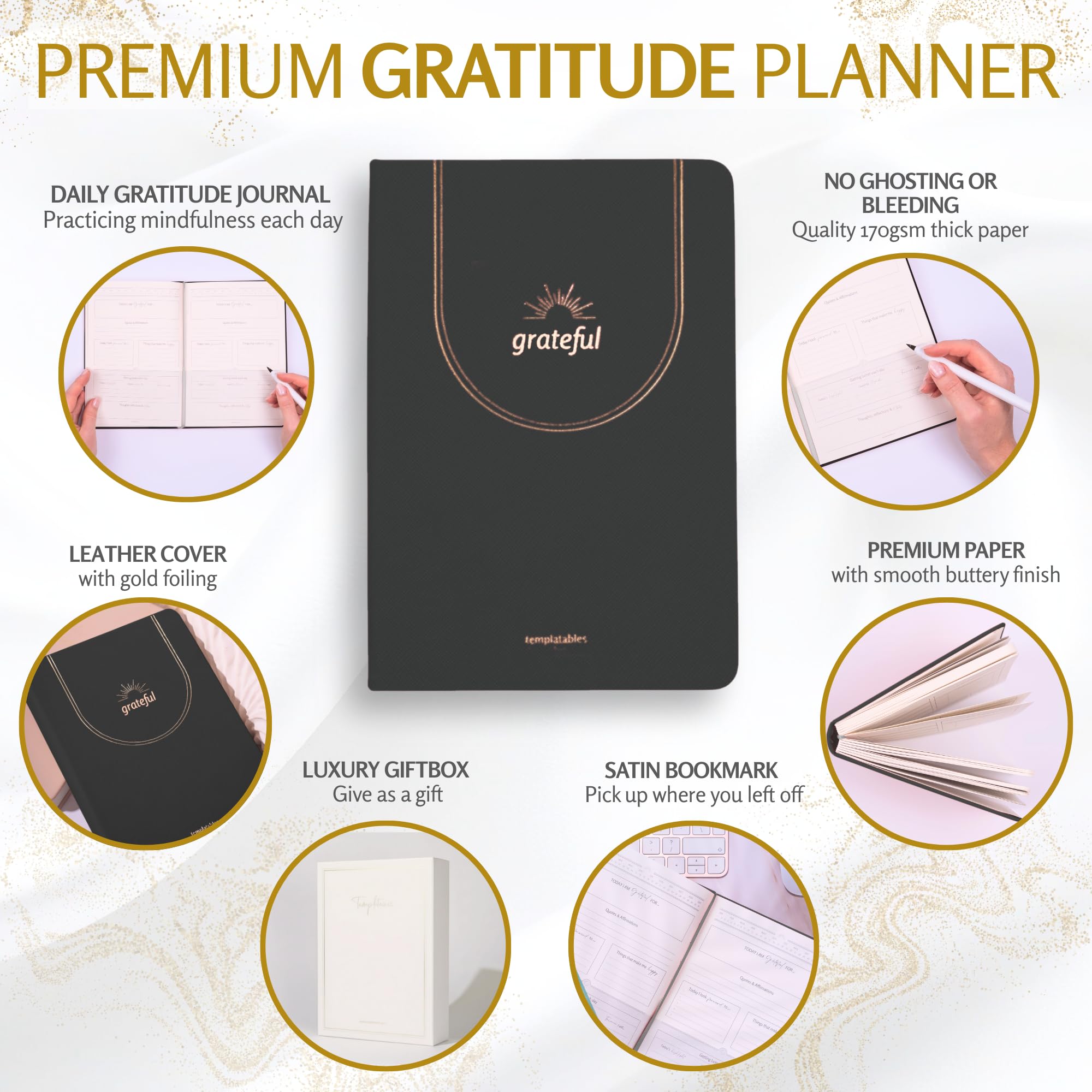 Templatables Gratitude Journal Daily Mindfulness & Self-Care Notebook with Premium Leather Cover, Guided Prompts, 170gsm Paper, Gold Foiling, Satin Ribbon & Luxury Gift Box for Women & Men (Black) - Image 2