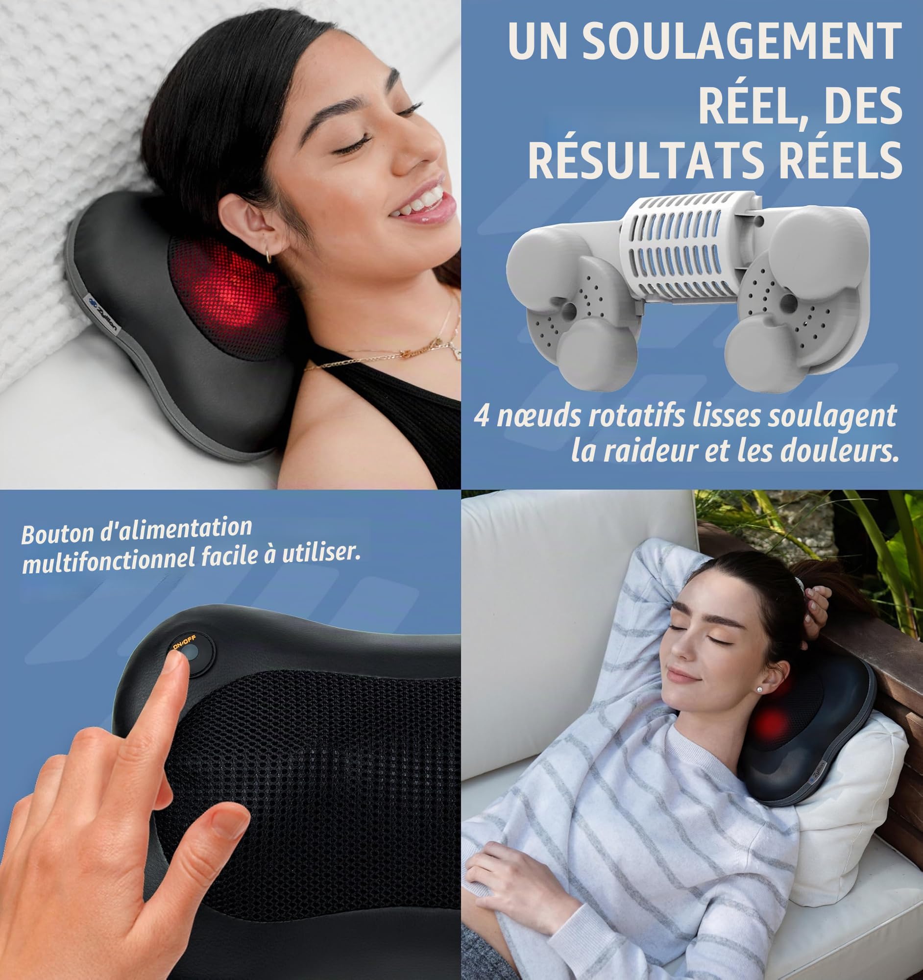 Zyllion Appareil de massage Shiatsu pour le dos et la nuque - Coussin de massage des tissus profonds avec pétrissage 3D et chaleur pour soulager les douleurs musculaires - Noir (ZMA-13-BK)