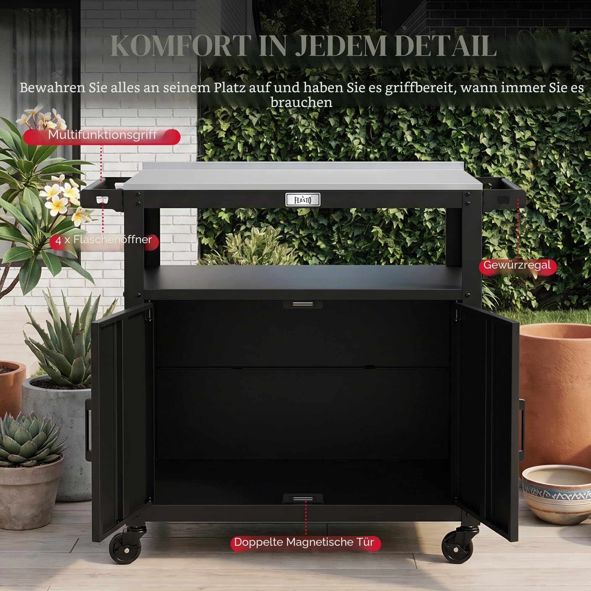 Outdoor-Grillwagen mit Edelstahl-Tischplatte und Aufbewahrungsschrank, bewegliche Kücheninsel mit Rädern für BBQ-Lebensmittelzubereitung, Schwarz | Bewegliche Kücheninsel mit Rädern, BBQ Food Prep